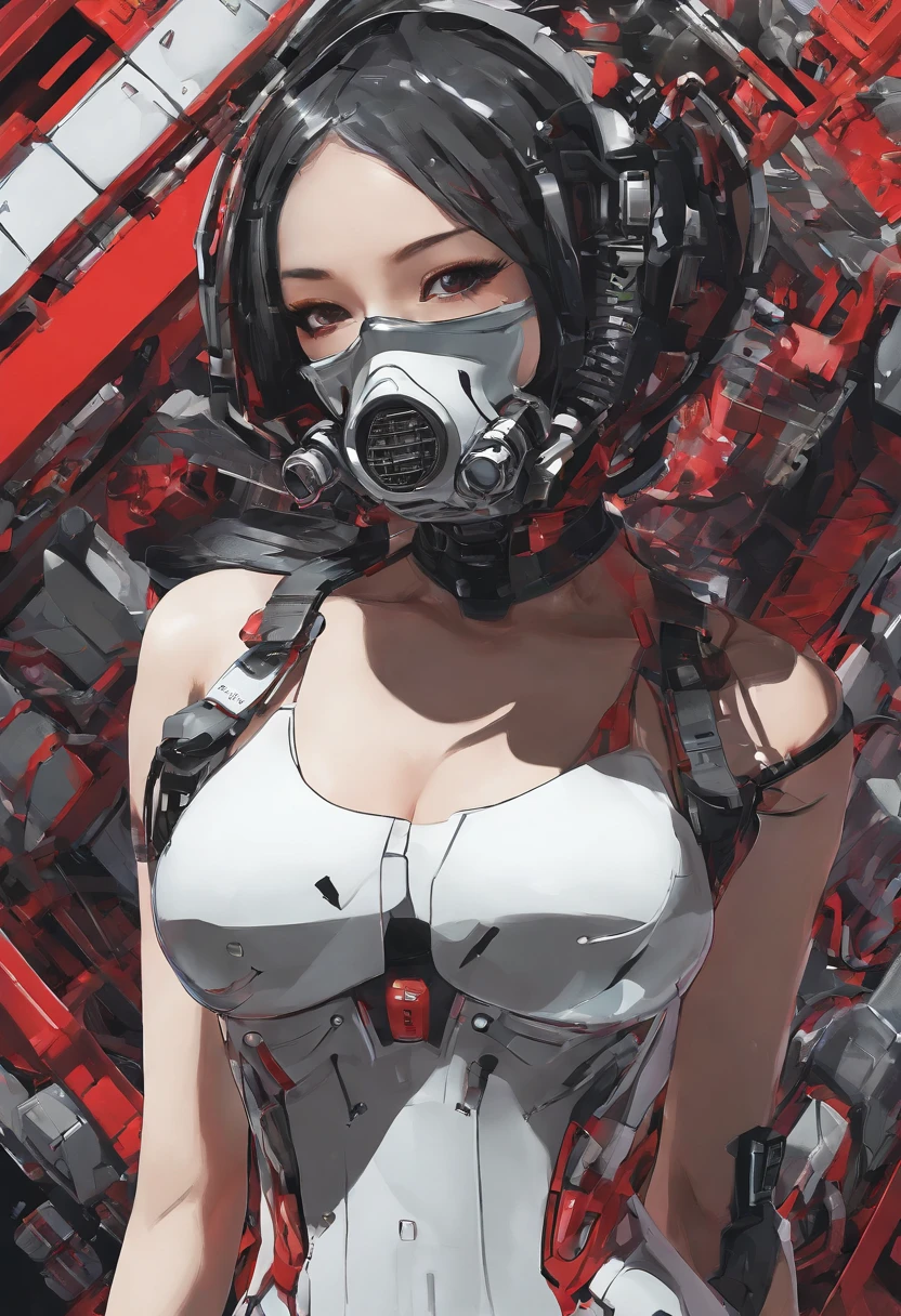 ide angle of an Extremely beautiful female supermodel wearing Cyberpunk Respirator black and silver respirator with a sleek, futuristic design. The mask covers the nose and mouth and features a set of silver circular filters on either side. The straps of the mask are black and appear to be adjustable for a comfortable fit, with futuristic design inspired by Japanese artist Hiroto Ikeuchi with red respiratory tubes on the side, gas tubes, cyberpunk mask, and futuristic dress