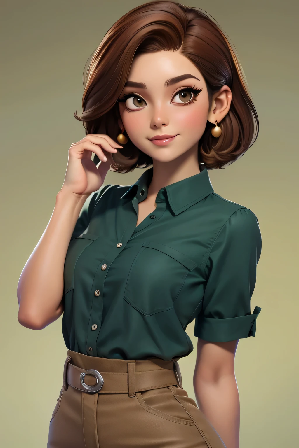 master part, best quality, 1st grade, olhos verdes, pele clara, brown hair, cabelos ondulados, short hair, Brincos argola, Camisa comprida, fundo simples, sozinho, parte superior do corpo