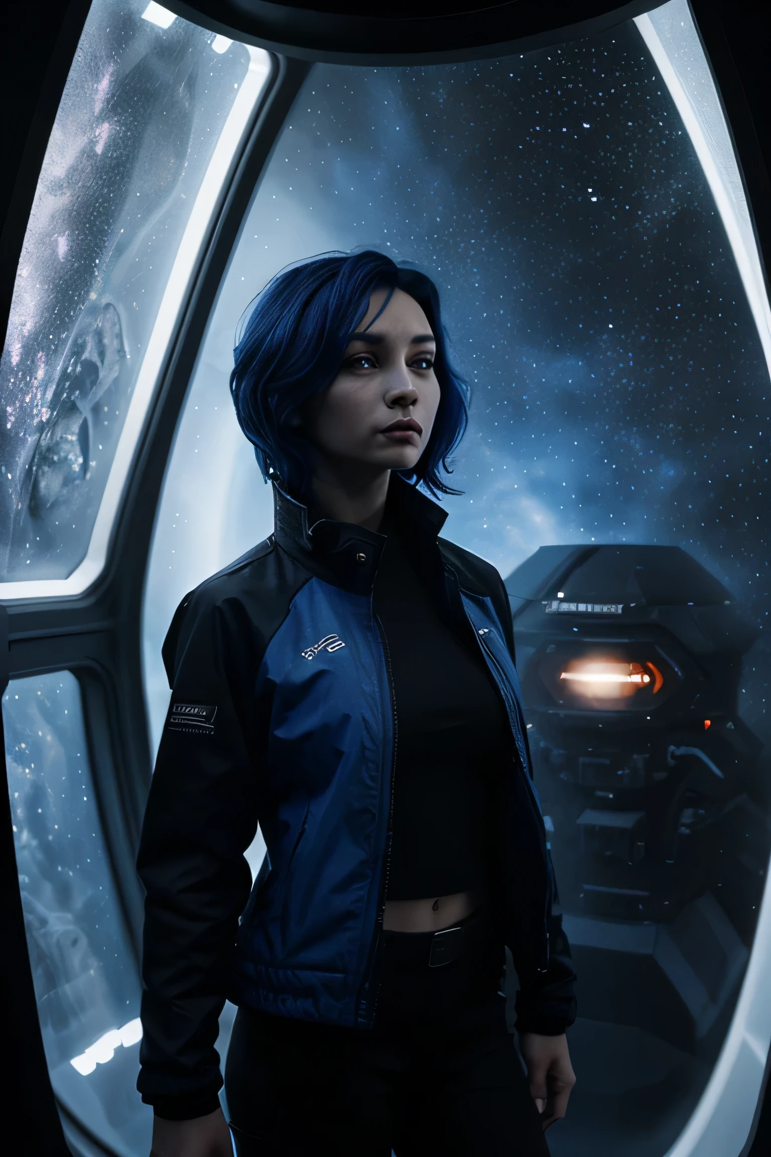 a woman with dark-blue hair stands before a spaceship window  overlooking a planet. She is wearing a black jacket
