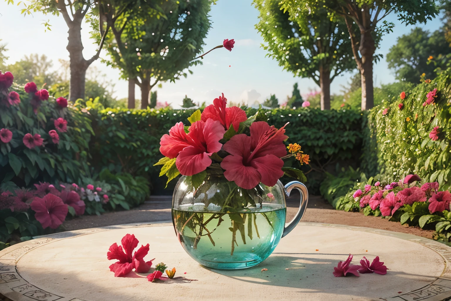 Create an illustration that depicts an (((enchanted garden filled with hibiscus flowers))). {Draw multiple hibiscus flowers} in vibrant, lush colors, creating a stunning backdrop. Around the flowers, draw small [cholesterol particles] being purified and transformed into healthy shapes, like hearts or health symbols.