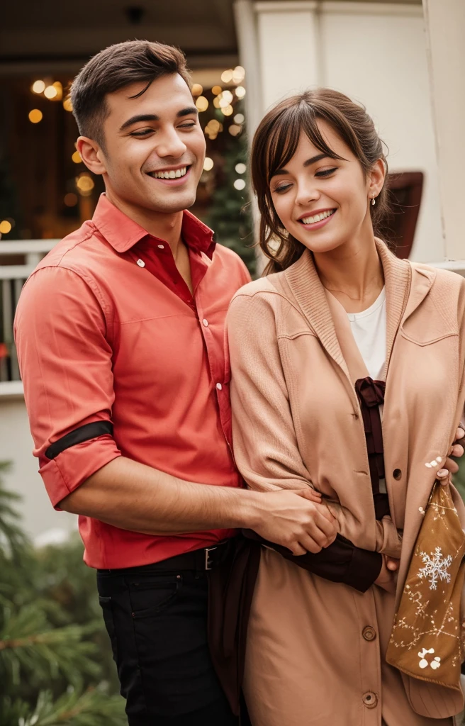 A couple hugging on the balcony during Christmas, they are in Christmas clothes