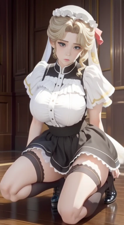 masterpiece,Boutique,meticulous,Delicate scenery,beautiful lighteautiful light and shadoirl,kneeling,((Kneel down on one knee),Hold your chest out)huge,,charming look,mini skirt,Continuous content,,black stockinglack high heelaid appearance),model pose,meticulous的皮肤纹理,Tyndall effect,mansion