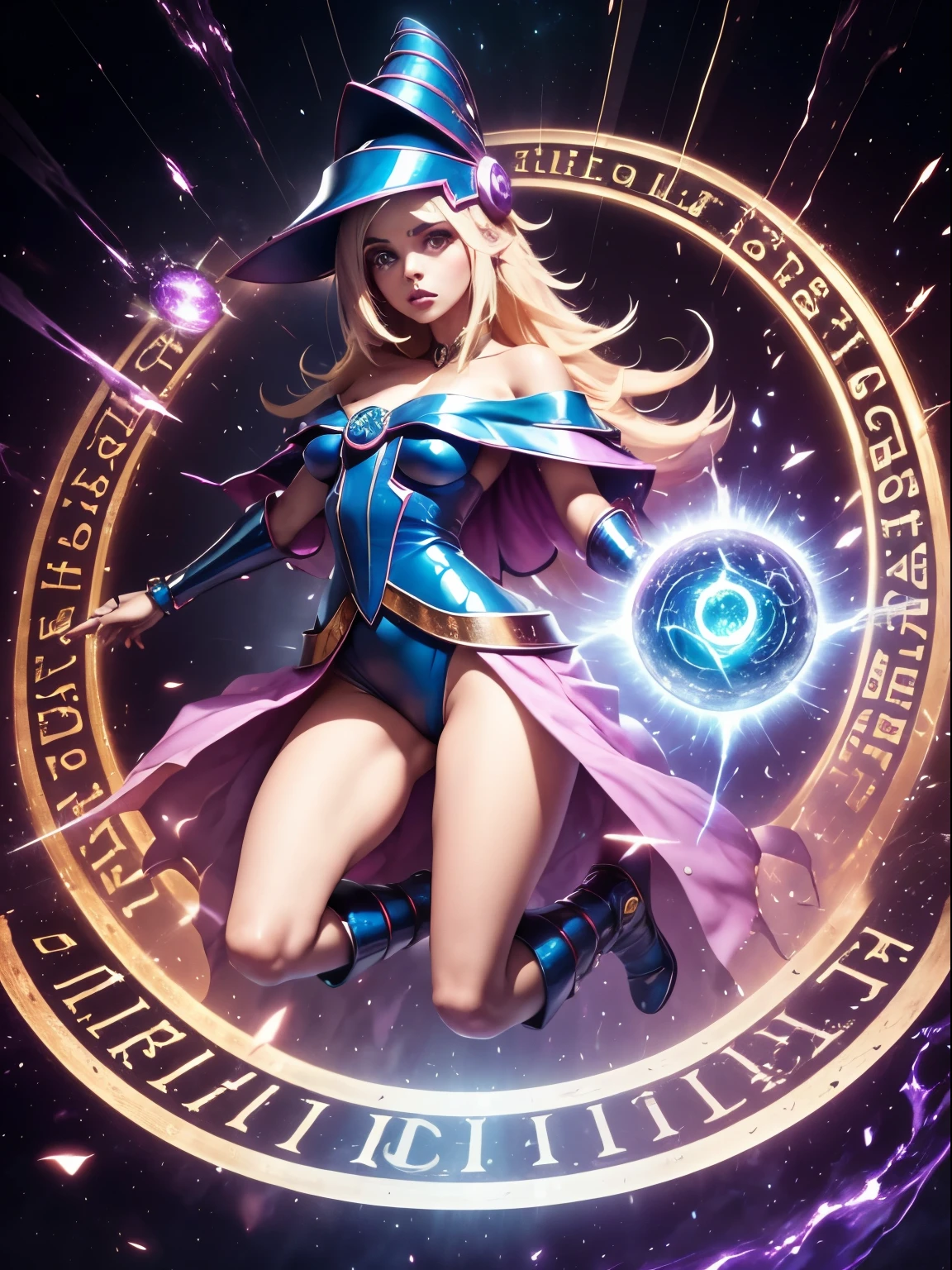 ultra-detallado, extremadamente detallado, obra maestra, sthe highest qualit, la mejor calidad, absurdos, highres, dark magician girl, (1girl: 1.2), solo, cara detallada, dynamic  pose, flujo de cabello, (cuerpo completo: 1.1), cabello rubio, cabello largo, mirando al espectador, ojos verdes, skindentation, piel detallada, poros de la piel, (piel brillante, piel brillante: 1.1), detalles de piel rosada, senos, toenail polish, falda, calzado azul, sombrero azul, sombrero de mago,  varita, holding hat, (bragas azules: 0.9), (summoning circle: 1.1), hexagrama, pentacle, pentagrama, yu-gi-oh!, monstruo de duelo, Purple Magic Field, resplandor, fondo detallado, fondo intrincado, Pose sujestiva y 