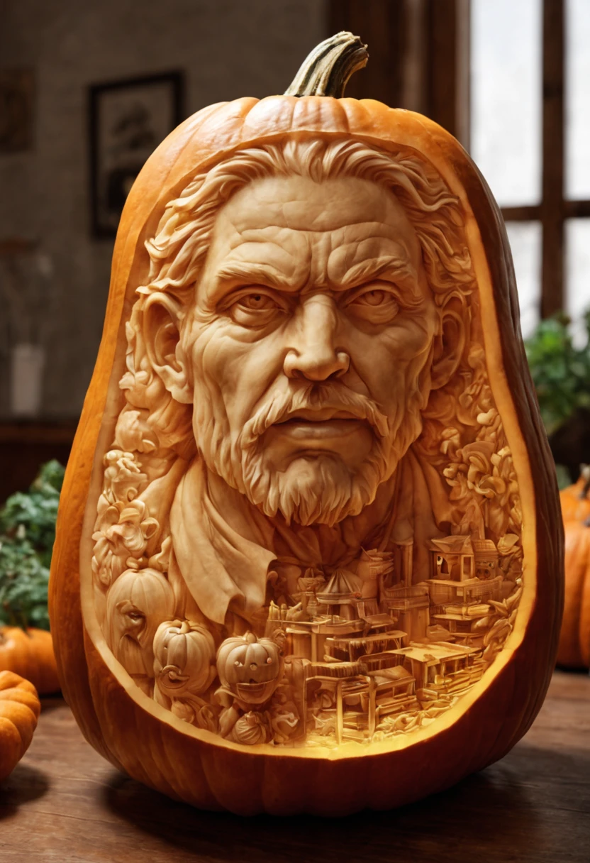 double exposure, Pumpkin Carving, 8k resolution, hyperdetailed, natural lighting, masterpiece, perfect, magnificent, stunning