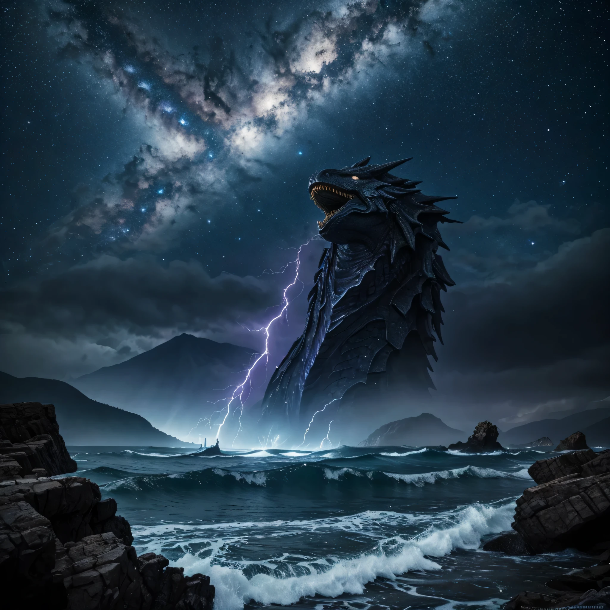 [(Masterpiece: 1.1, Best quality: 1.1), photograph, towering leviathan sea serpent dragon giant with grey skin, stary milky way night sky, elemental mage, mist, plasma, purple haze, waves, mountains, fire, lightning, storm, foreground miniature medieval army
