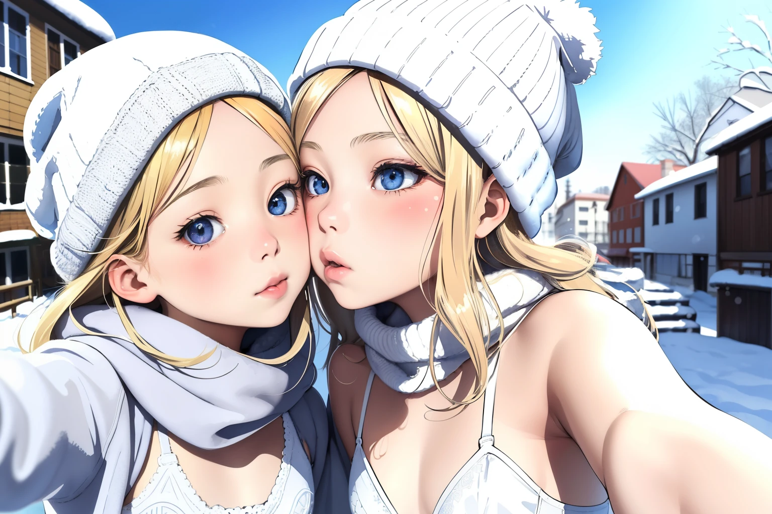 (superflat, flat shading, flat colors:1.1), (winter:1.2), (snow:1.2), (city street), 2girls, petite, loli, 10yo child, flat chest, blonde hair, (white bra:1.2), knitted hat, blush, (kissing:1.2), selfie, view from below, (low angle), winter, snow, bright sunlight, best shadows, watercolor,