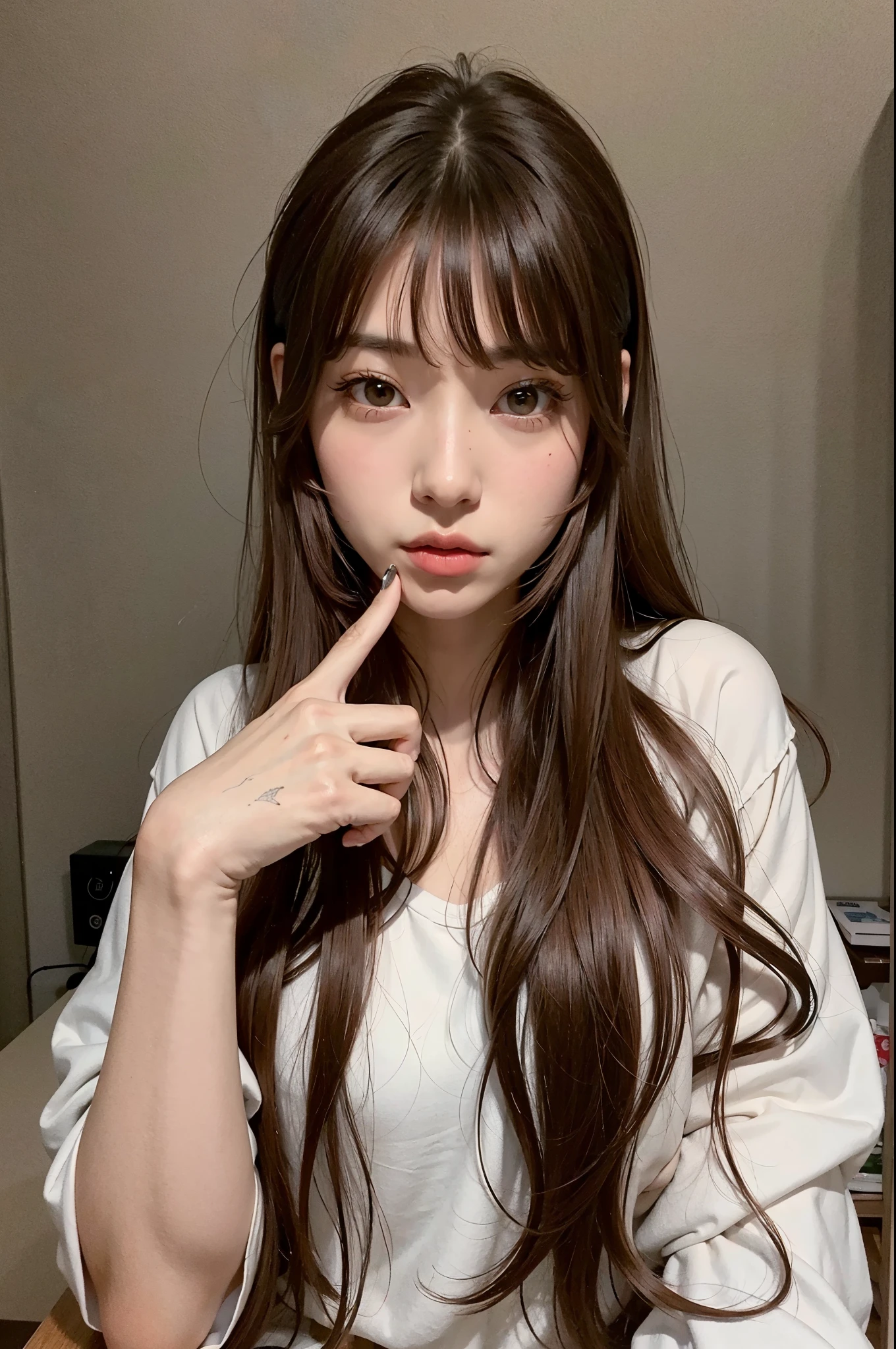 there  a woman with long hair and a tattoo on her arm, ulzzang, long hair with bangs, with long hair, brown long hair with bangs, long hair with full bangs, with long hair and piercing eyes, brown colored long hair, brown hair with bangs, brown red long hair, the hime cut, jinyoung shin, korean girl, with long red hair
