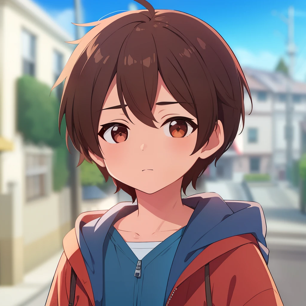 High quality, masterpiece ( boy.) Brown hair. Brown eyes. common face. Red jacket. blue clothes. against the backdrop of an ordinary street with houses.