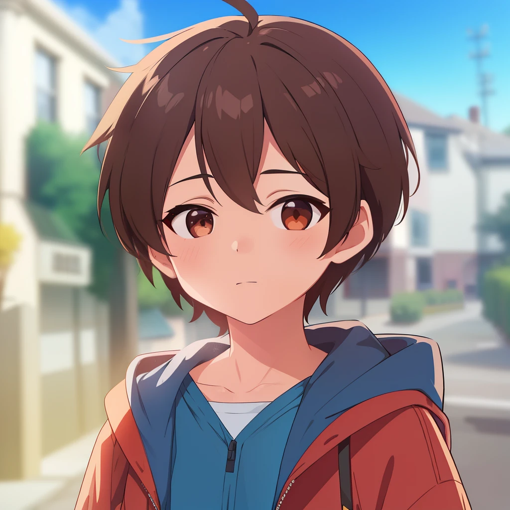 High quality, masterpiece (young boy.) Brown hair. Brown eyes. common face. Red jacket. blue clothes. against the backdrop of an ordinary street with houses.