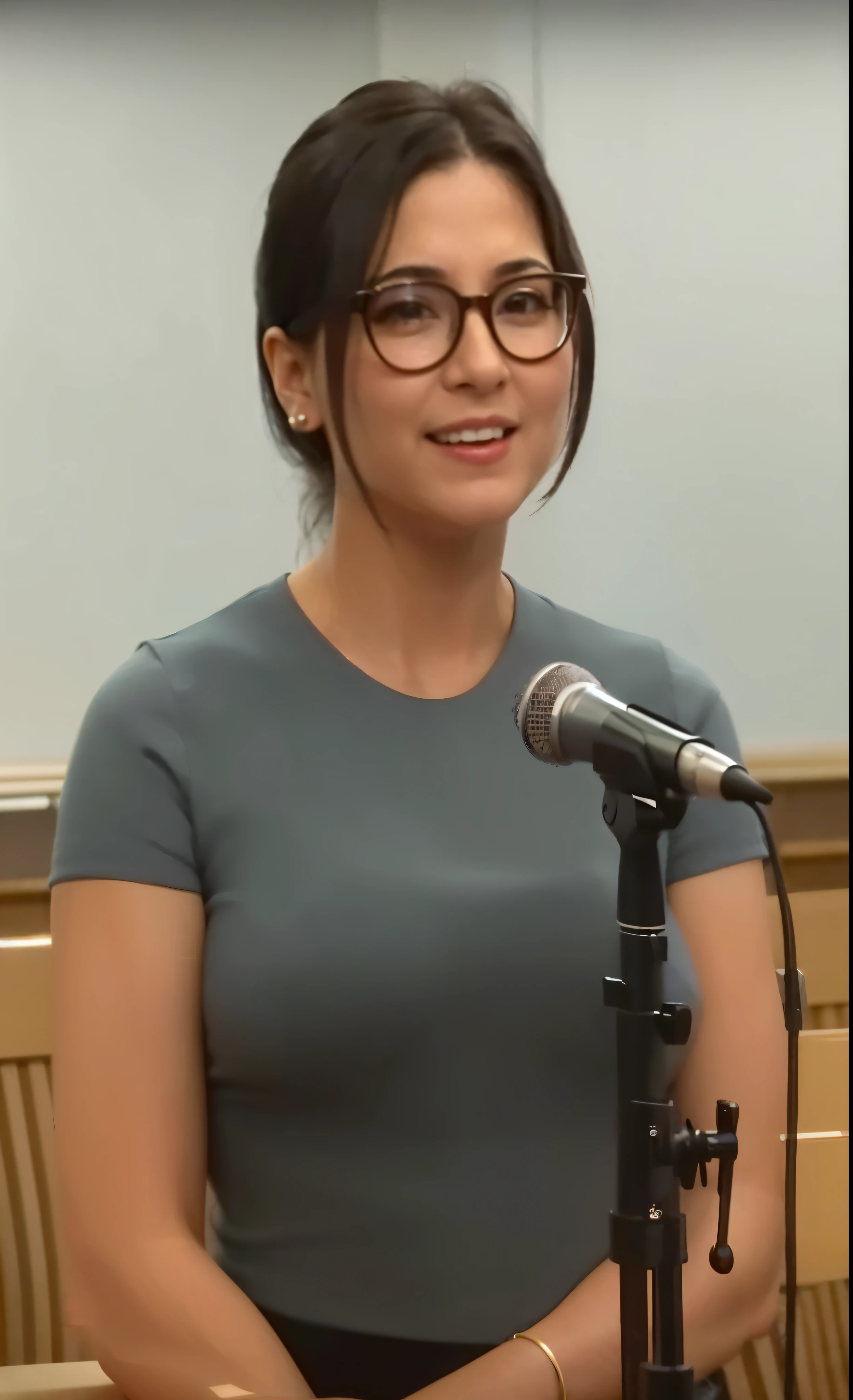 femme en chemise grise et lunettes assise devant un microphone, wearing chemise serrée, Fille de 19 ans, léger sourire ringard, joli sourire légèrement ringard, en cour, chemise serrée, Violette Myers, avec des lunettes, Apparence ringard, modèle féminin, Femme de 30 ans originaire de Cuba, elle a environ 2 à 5 ans