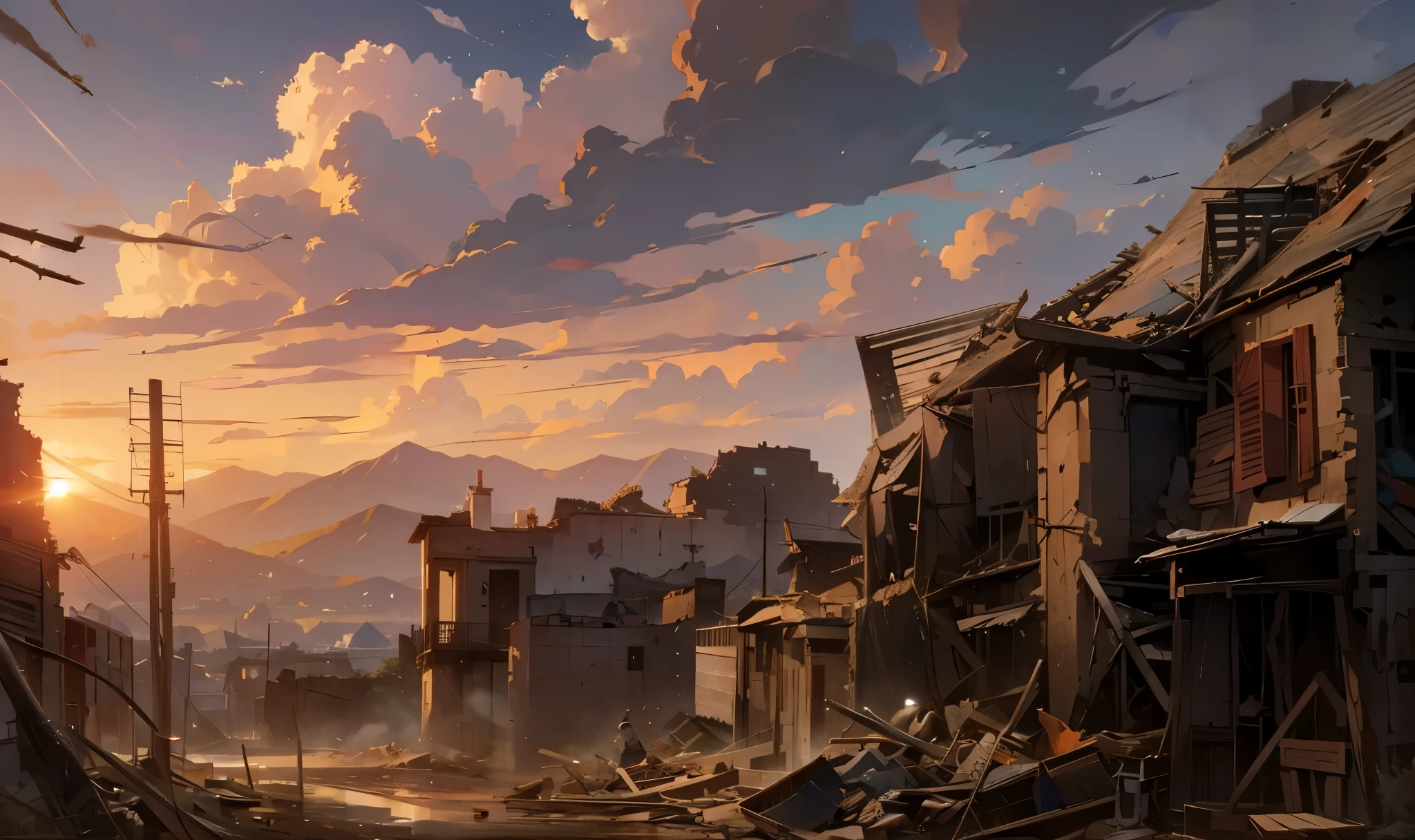 world war destroyed city, destroyed house, (mountain in the background), evening sky, dusk time, gloomy