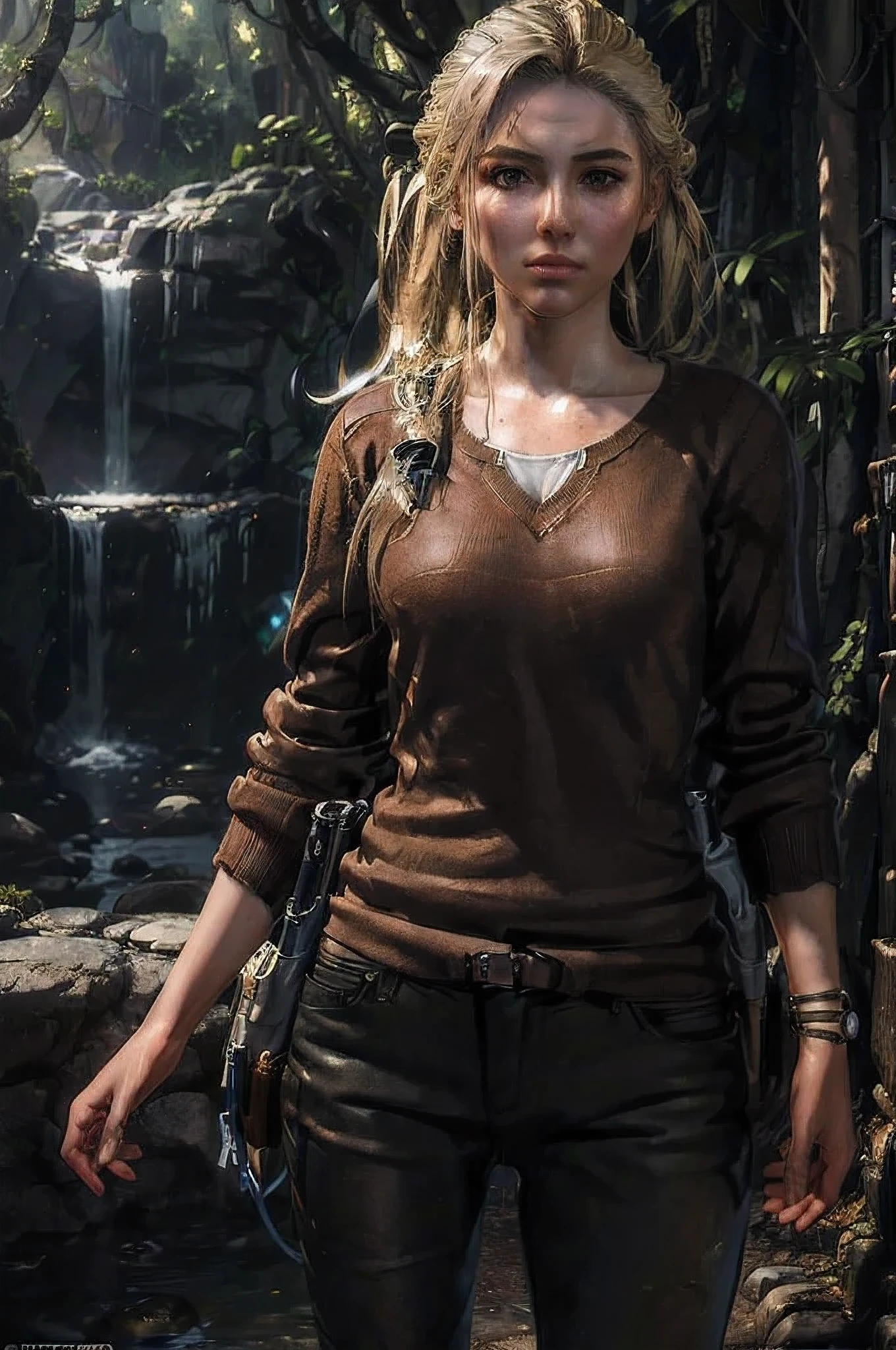 (masterpiece, best quality:1.3) UnchartedElenaFisher, long wavy blonde hair sweater, 1girl, solo, explorer, adventure, badass, awesome, cool, epic, photorealistic, detailed, high quality, Photorealism, CGSociety, by WLOP, Art