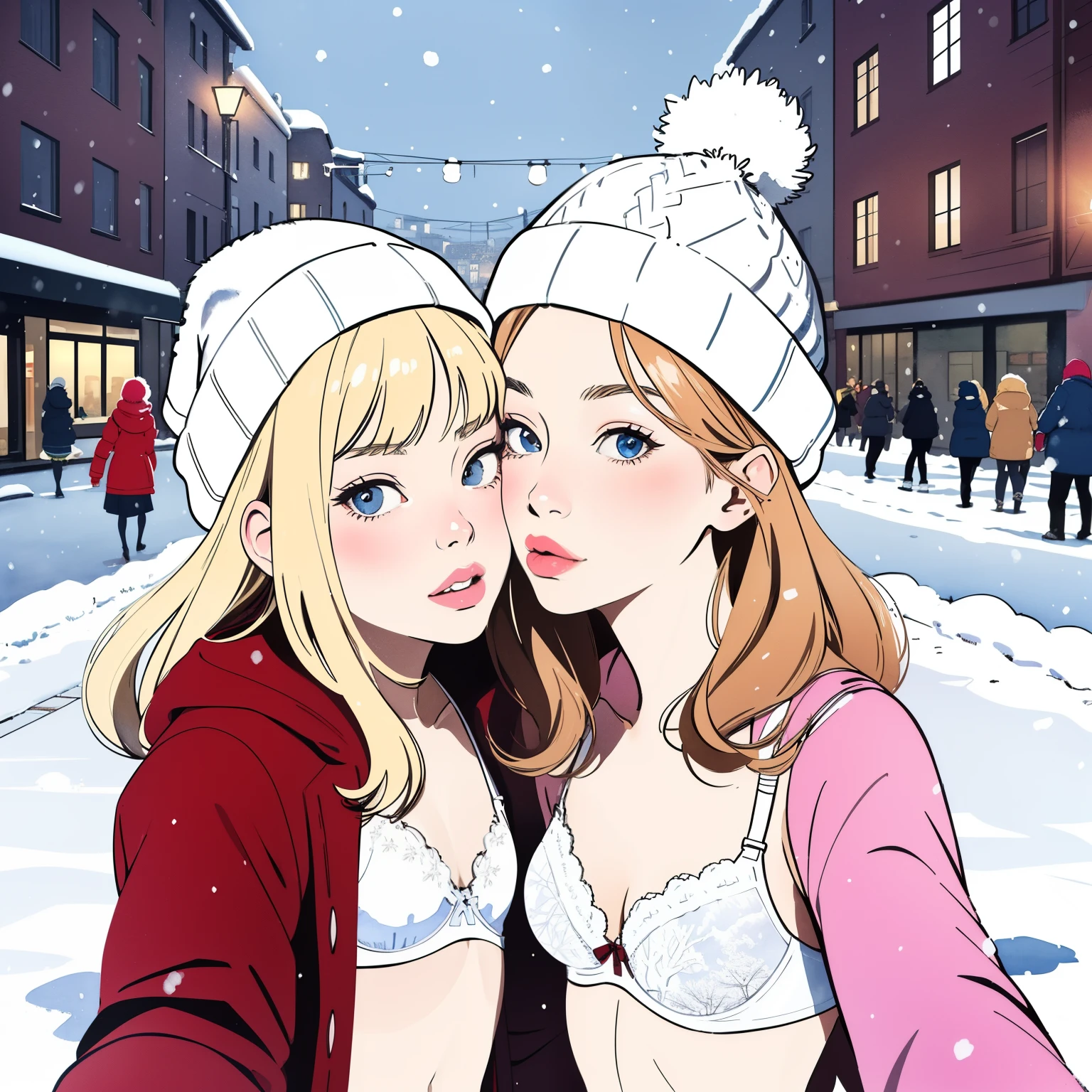 (superflat, flat shading, flat colors:1.1), (winter:1.2), (snow:1.2), (city street), 2girls, ite, lol 10yo t chest, blonde hair, (white bra:1.2), knitted hat, blush, (kissing:1.2), selfie, view from below, (low angle), winter, snow, bright sunlight, best shadows, watercolor,