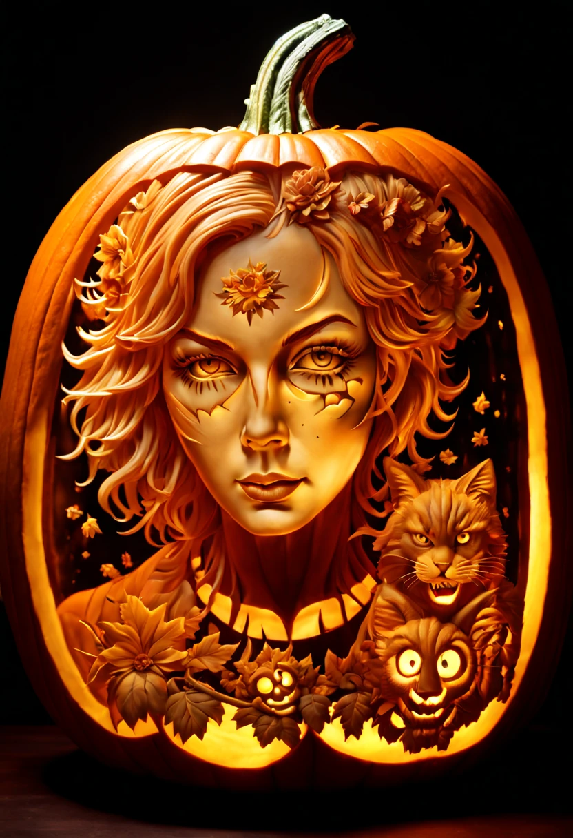 double exposure, Pumpkin Carving, 8k resolution, hyperdetailed, natural lighting, masterpiece, perfect, magnificent, stunning