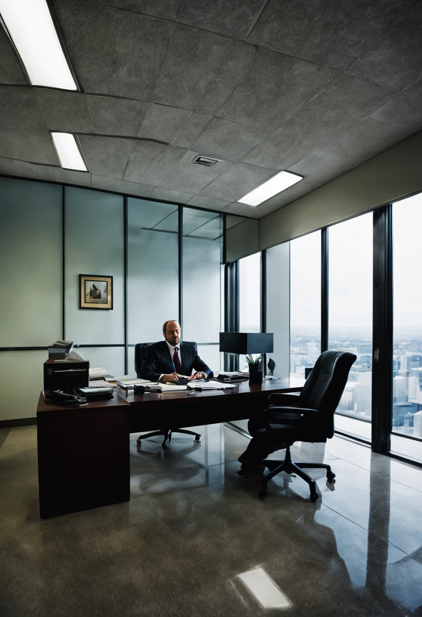 POV looking into an office from the outside with the boss sitting at his desk