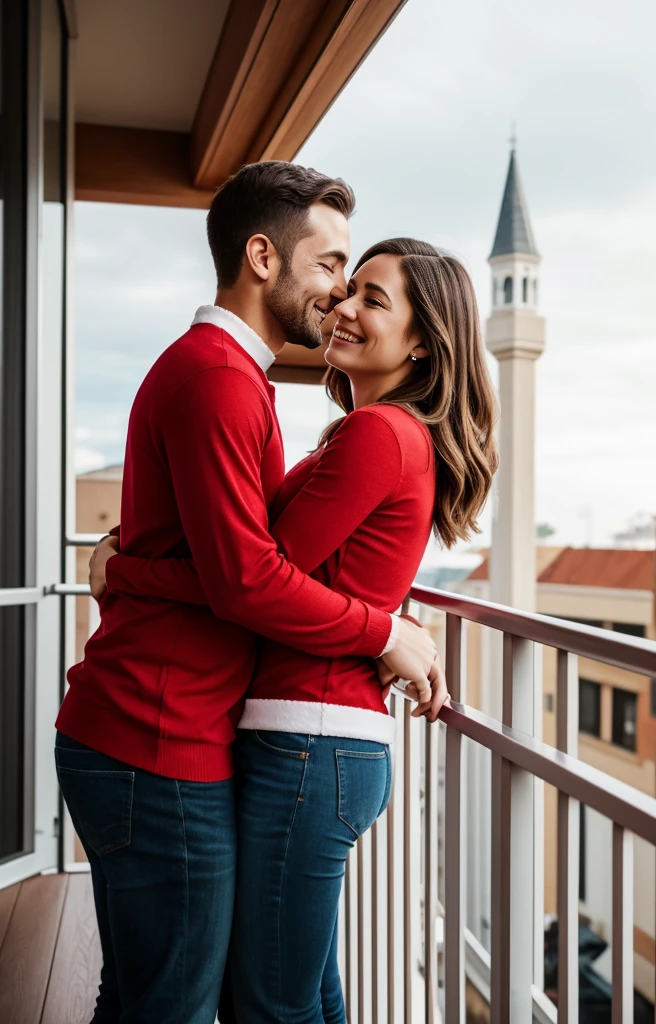 A couple hugging on the balcony during Christmas, they are in Christmas clothes 