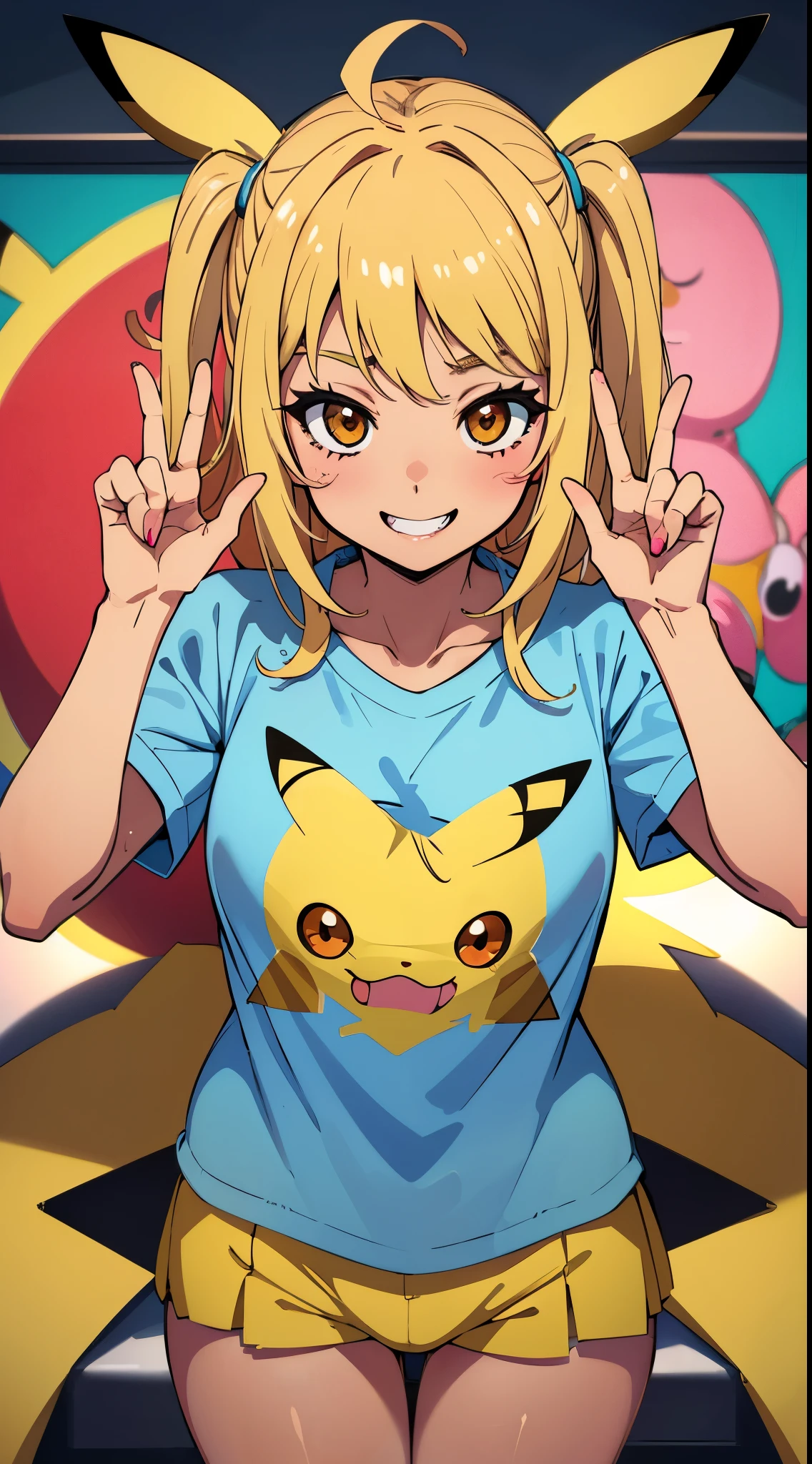 Onee chan, gyaru girl, (tanned skin), horny face, horny smile, cute smile, cute underwear, Pikachu fan girl, furry, (t-shirt with Pikachu face), portrait, vibrant colors, natural lighting, detailed hands, 5 fingers, correct fingers