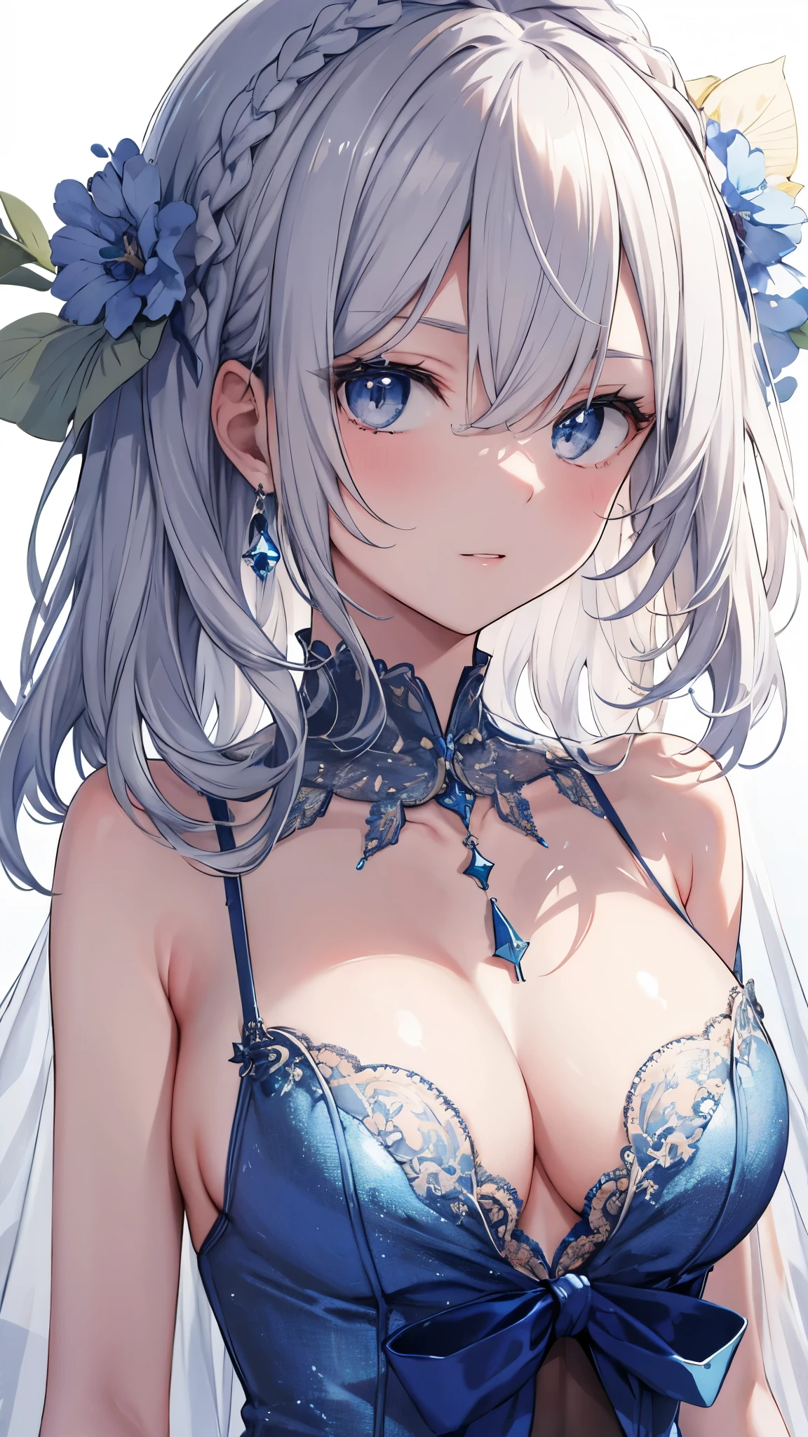 [[[ ultra-detailed, best quality, soft skin, beautiful, 4K]]], (masterpiece 2.1) portrait, close-up, pov, gray eyes, white hair with shades of blue, blue royal dress, medium hair, hair down, mature, slender body, cleavage