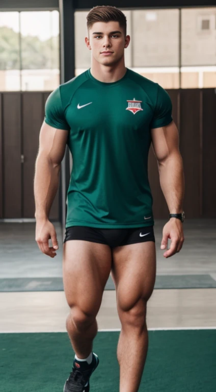 White age boy , american football player , 18 years old, military haircut, black hair, green eyes fixed, affiliated features, no facial hair, height 1.93, weight 100 kg, aesthetic muscular build, broad shoulders, V-shaped body, full body focus, completely hairless,