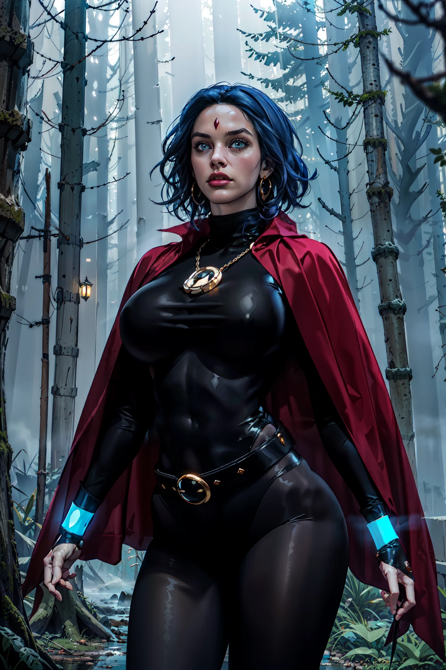 1girl, cowboy shot of rvn, hotraven, pale skin, black leotard, seductive look, massive breasts, wide hips, milf look, turtleneck, tights, cape, glowing eyes, gold belt, jewels, medallion, athletic, looking at viewer, night, dark forest, mist, fog, volumetric lighting, best quality, masterpiece, intricate details, tonemapping, sharp focus, hyper detailed, realistic