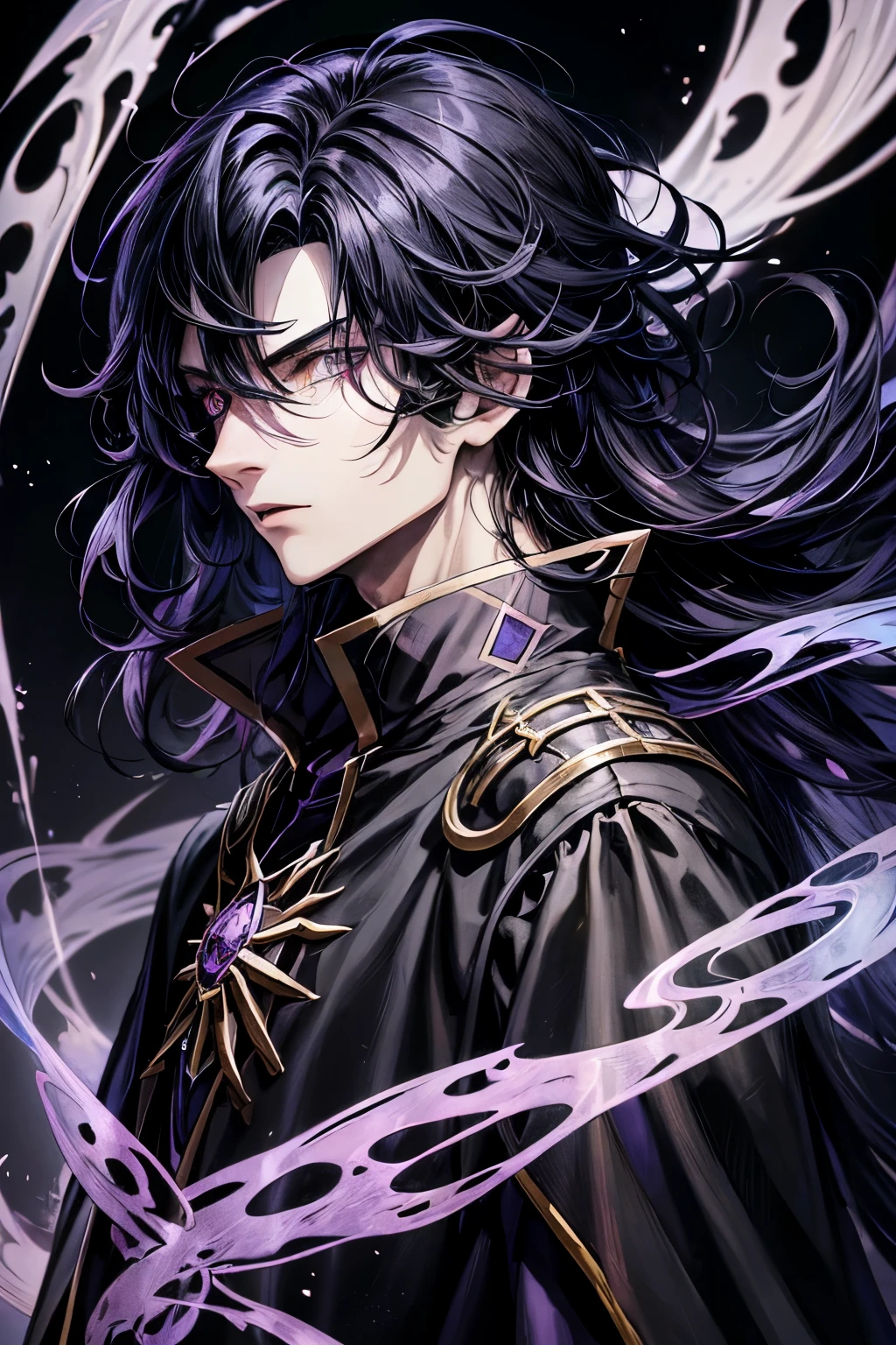 anime demonic human boy with long black hair with violet thunder magic, black - haired mage who was raised by dragons, heterochromia yellow and violet, portrait knights of zodiac boy, epic mage boy character, celestial mage, portrait of a male mage, arcane art style, portrait of a mage, full body