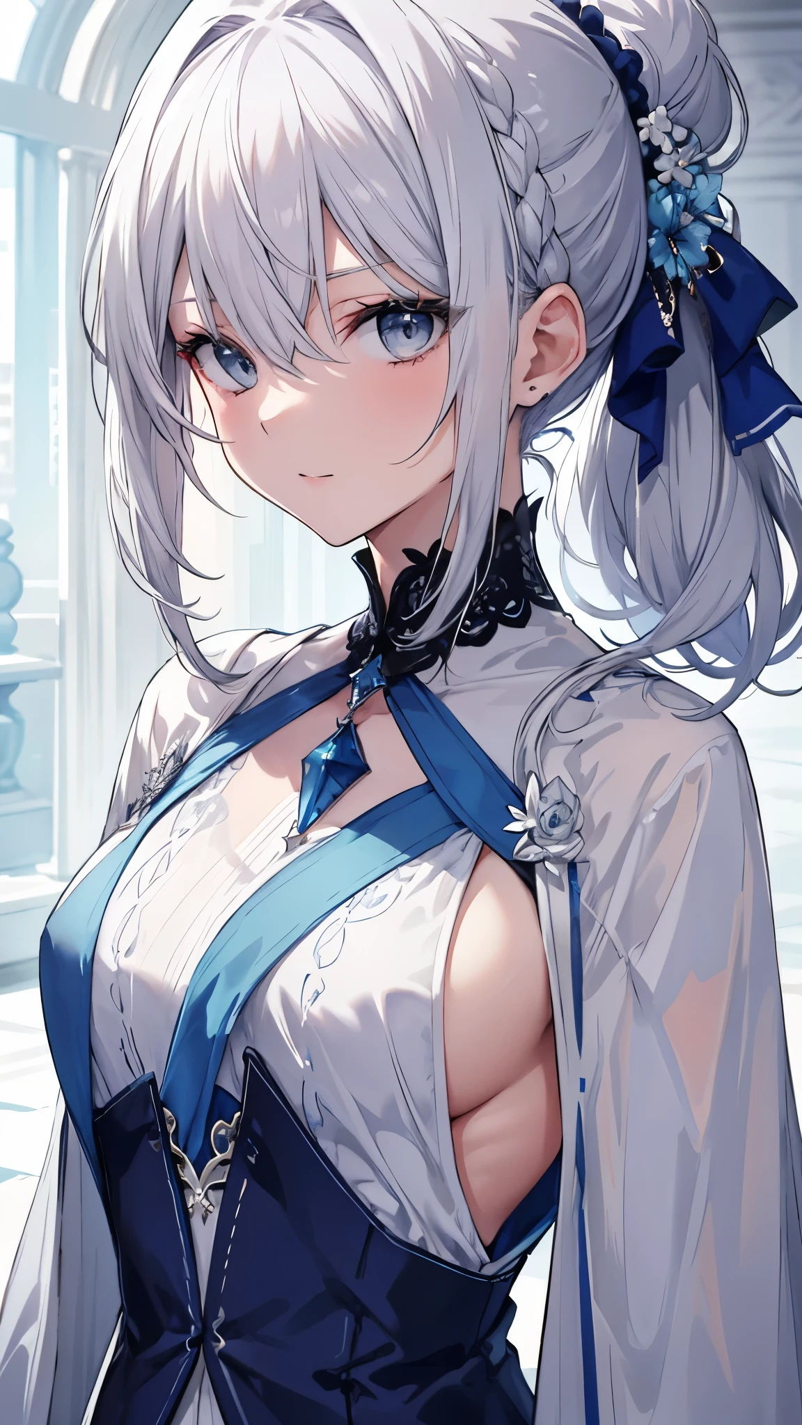 [[[ ultra-detailed, best quality, soft skin, beautiful, 4K]]], (masterpiece 2.1) portrait, close-up, pov, gray eyes, white hair with shades of blue, blue royal robes, medium hair, hair-up, mature, slender body, 