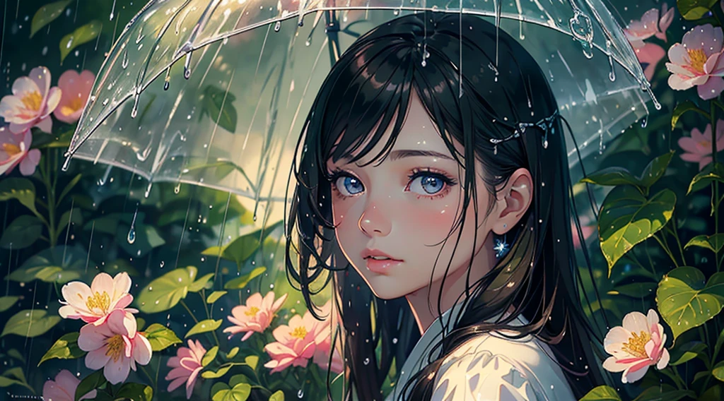 A girl in a rainy garden,soft watercolor effect,beautiful detailed eyes,beautiful detailed lips,medium:oil painting,soft and delicate strokes,raindrops on leaves and flowers,moist ground texture,umbrella with vibrant colors,sparkling rain,highres,ultra-detailed,soft and dreamy lighting.