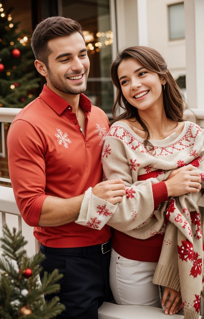 A couple hugging on the balcony during Christmas, they are in Christmas clothes 