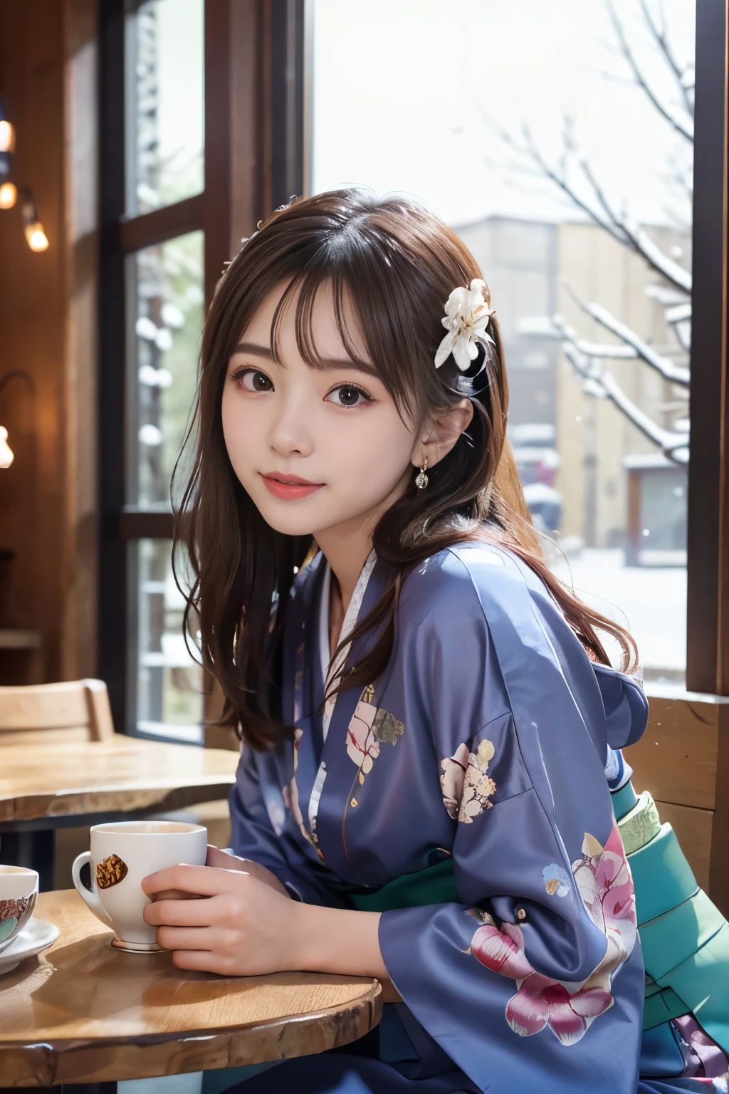 Japanese ID ,((cute ,baby face:1.2)),(8K, RAW photo, Super detailed, highest quality:1.2), (realistic, Photoreal:1.4), (very detailed, ultra high resolution ,beautiful, table top:1.2), ,very detailed顔と目,shiny skin,(Upper body:1.professional lighting,soft light, sharp focus, Depth of written boundary,medium hair,earrings, (Kimono costume with gorgeous floral pattern :1.3),Bokeh,(dynamic angle:1.5 ),(A cozy little café with warm lights shining through as snow falls outside. The contrast of the winter scenery visible from the window and the warmth inside. :1.3)