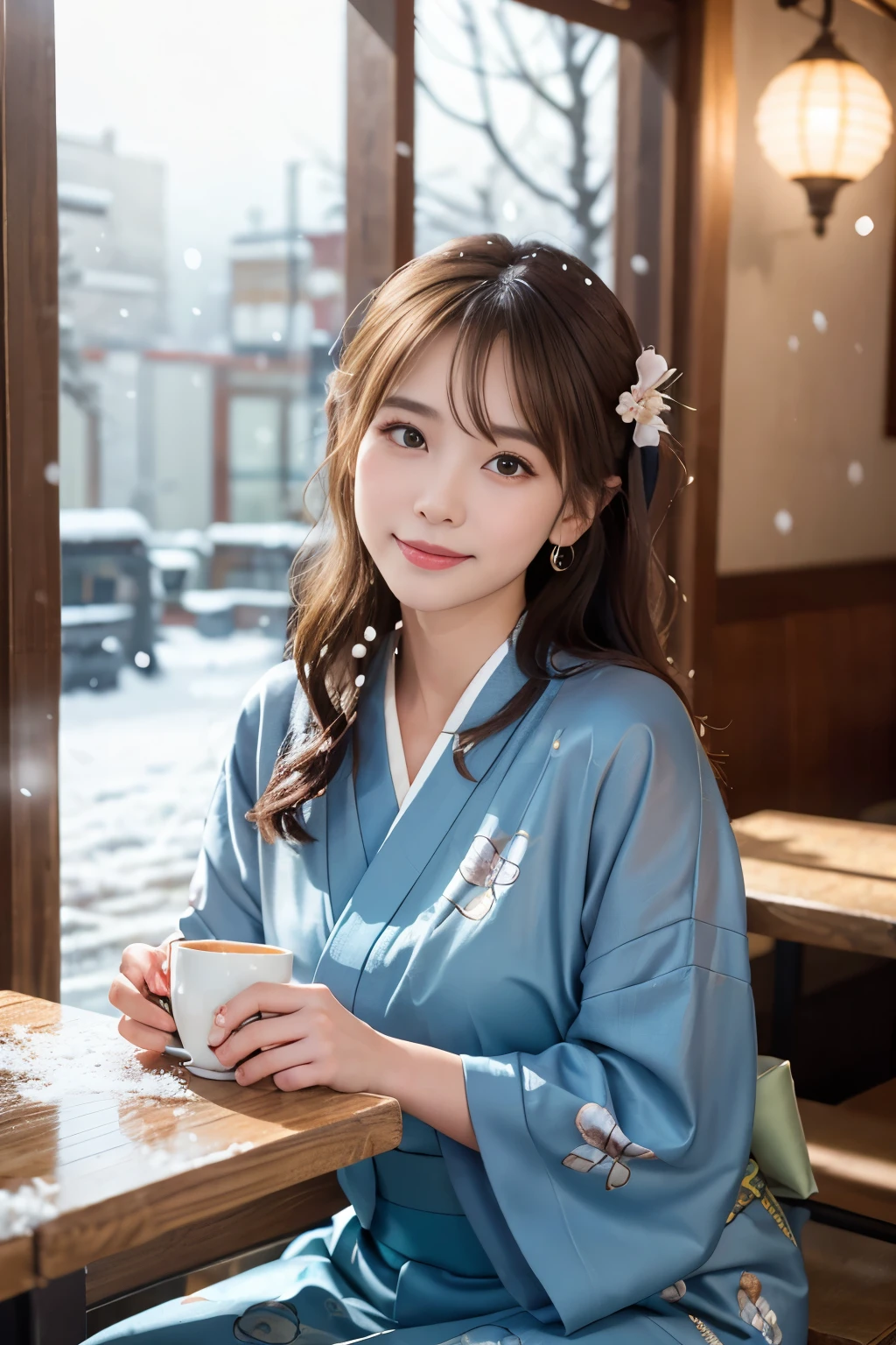 Japanese ID ,((cute ,:1.2)),(8K, RAW photo, Super detailed, highest quality:1.2), (realistic, Photoreal:1.4), (very detailed, ultra high resolution ,beautiful, table top:1.2), ,very detailed顔と目,shiny skin,(Upper body:1.professional lighting,soft light, sharp focus, Depth of written boundary,medium hair,earrings, (Kimono costume with gorgeous floral pattern :1.3),Bokeh,(dynamic angle:1.5 ),(A cozy little café with warm lights shining through as snow falls outside. The contrast of the winter scenery visible from the window and the warmth inside. :1.3)