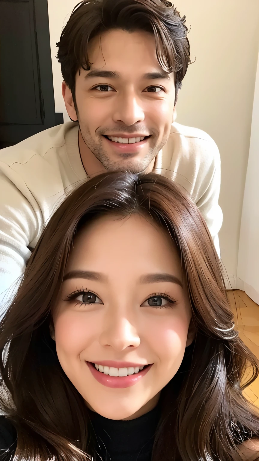 An illustration of an adorable couple, Highlight for a brunette man and a brunette woman with beautiful expressive eyes – the man's skin brown and the man's hair military and black, while the woman's skin brown and the woman's hair curly and brown. They are a bright room, cada um com um sorriso no rosto, e compartilhar um momento especial caracterizado pelo amor, Insights. Illustrate this scene from a perspective where they are facing the camera, Smiling and Showing Your Connection. Desenvolva esta arte em Full HD, Focus on your cinematic touch, Estilo Disney Pixar Animations