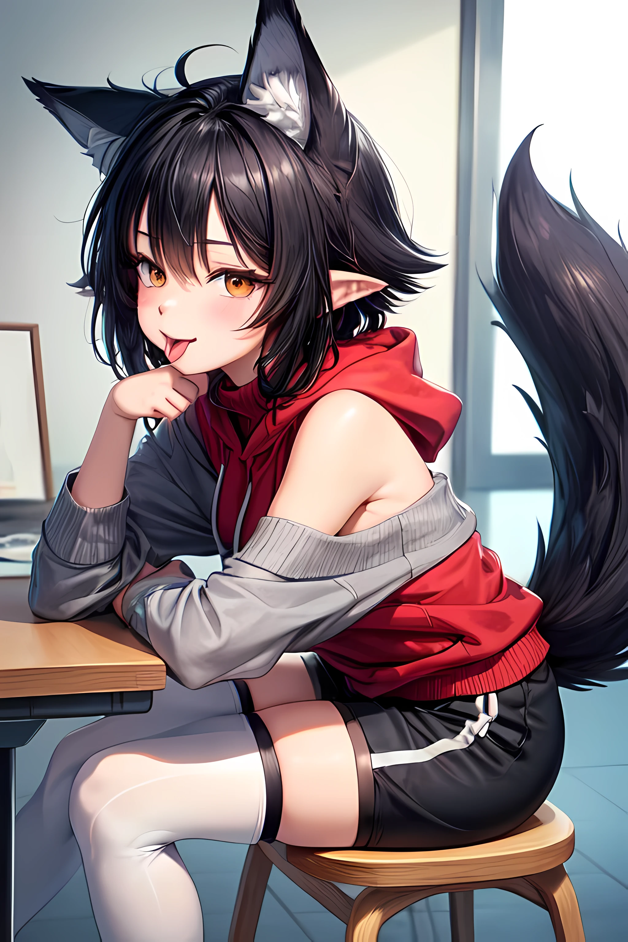 ((best quality)), ((masterpiece)), (detailed), perfect face, masterpiece, best quality, anime, Sora, ((Boy)), cute, Turtleneck with white stripes, Hoodie off-shoulder,. Sideview, ((Red and Grey eyelack Wolf tail and ears)), ((Really fluffy tail)) Cute expression, Black and white Sport-Shorts with Thigh Highs, tongue sticking out, sitting on a chair with legs crossed