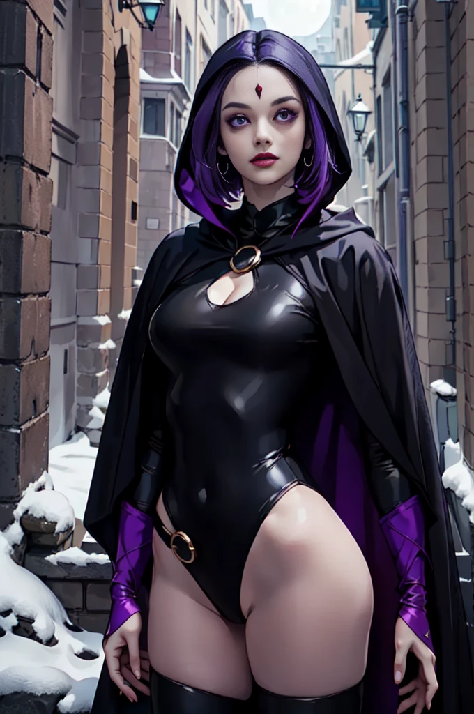 1girl, raven, rvn, hotraven, black leotard, black cape, hood, purple hair, forehead jewel, purple eyes, short hair, belt, skin tight, standing, cleavage, toned, breasts, pose, night, moonlight, ((posinotion lines, torso, upper body