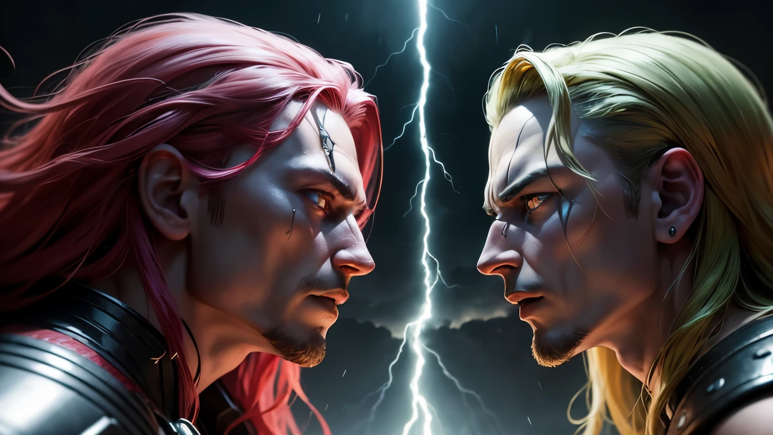 Thor and Loki face to face, about to attack each other, lightning descends upon them, their eyes blazing with hatred. (best quality, highres, photorealistic:1.37), ultra-detailed, HDR, studio lighting, extreme detail description, professional, vivid colors, bokeh, portraits, realistic, sharp focus, physically-based rendering, intense color palette, dramatic lighting