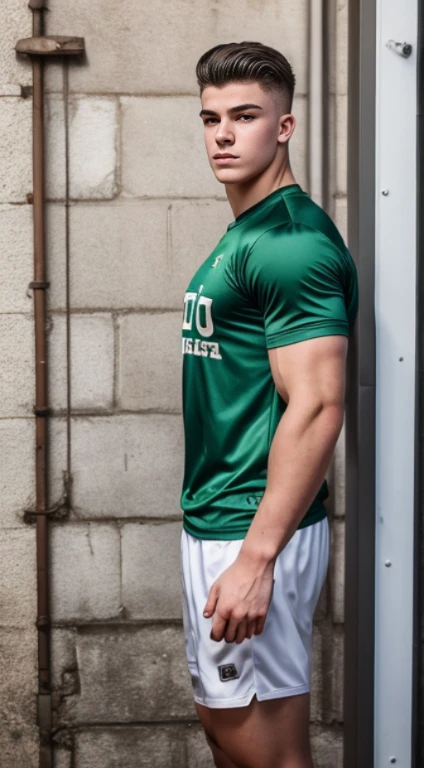 White Teenage boy , básquet player , 18 years old, military haircut, black hair, green eyes fixed, affiliated features, no facial hair, height 1.93, weight 100 kg, aesthetic muscular build, broad shoulders, V-shaped body, full body focus, completely hairless,