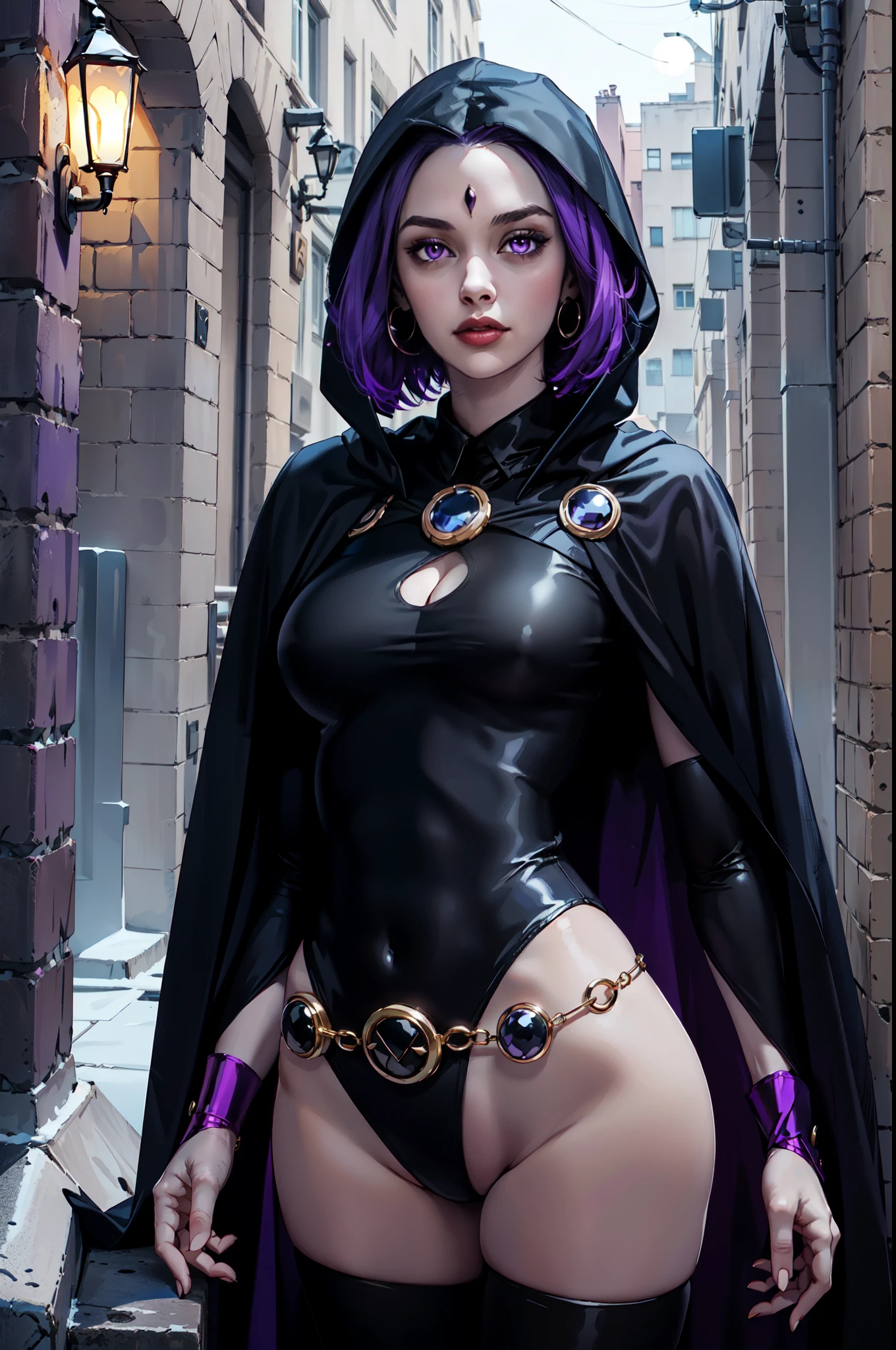 1girl, raven, rvn, hotraven,  black leotard, black cape, hood, purple hair, forehead jewel, purple eyes, short hair, belt, skin tight, standing, cleavage, toned, breasts, pose, night, moonlight, ((posinotion lines, torso, upper body