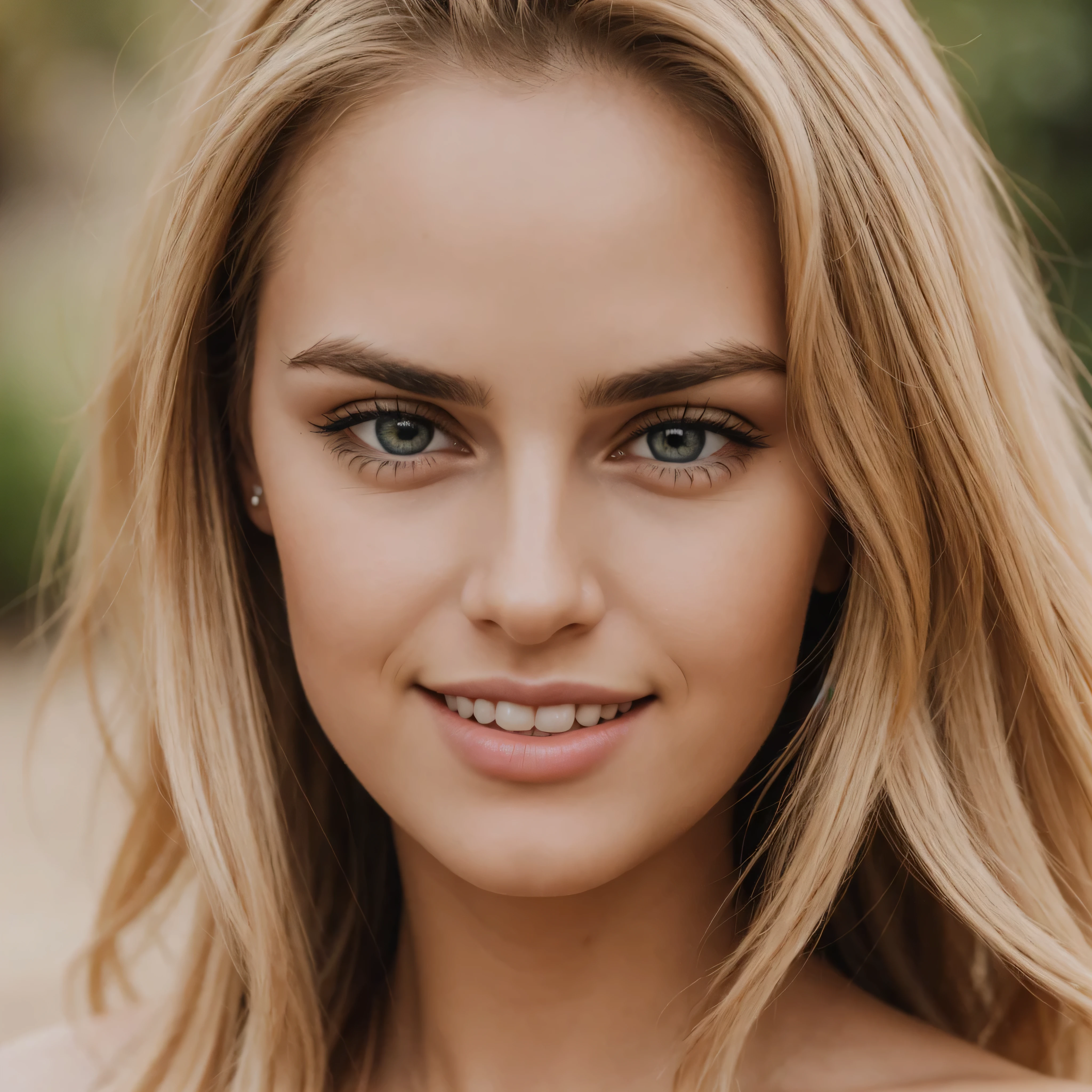 (portrait photo, close up with just her face, blonde beach waves-hair, brown big eyes with brushy brows, pointy nose, medium naturally pink filled lips, medium height, close-up photo smiling) (best quality, 4k, high-res, masterpiece:1.2), ultra-detailed, (realistic, photorealistic, photo-realistic:1.37), HDR, vivid colors, studio lighting, sharp focus, extreme detail description, professional portrait photography