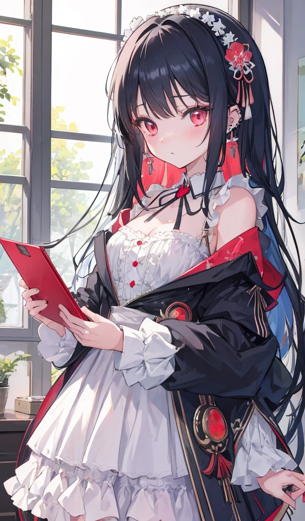Long haired anime girl with laptop in front of door, nagatoro, Still from TV anime, iwakura lain, anime moe art style, in style of kyoto animation, Anime visuals of cute girls, official anime still, anime still, cel shaded anime, anime still frame, anime still image, a-1 pictures, Otome 02, Shooting with the Nikon Z7 II mirrorless camera,120mm F/4 Wide Angle Girl 02, 1girll, Long hair, view the viewer, Black hair, Long sleeves, Weaving a person in a white dress,Woman in black braid with blue and red pattern on neck, Liu Yifei, Art Nouveau fashion embroidery, Portrait of character, Aesthetics Top Quality, masutepiece, Cowboy Shot, flowing, 3DMM, ink sketch, color ink, Ink Rendering, rendering by octane, pastels, rice , 1girll, Beautiful detailed eyes, ultra-detailed hair, Graceful, (Charming), (Delicate), Pretty, Cute, Lace dress, Text in the center of the frame, Rhythm, Fantasy, view the viewer,(tmasterpiece,side sliteautiful eyes:1.2),(tmasterpiece*sportrait),sportrait,bustusts),Lifelike,anatomical correct,3D脸,luscious skin,(Solo),Dyeing blonde hair and pickaxe,Gradient Hair,(close up of face),lovely face,(Scarlet Eyes Like Fire Opal),Hanging eye corners,((highdetailskin,Visible Pore)),(Perfect body),Buatigarh,Little Breast,(()),((pilot_Suit)),(Ear studs),(Lanyard),very short gloves,(chain)
