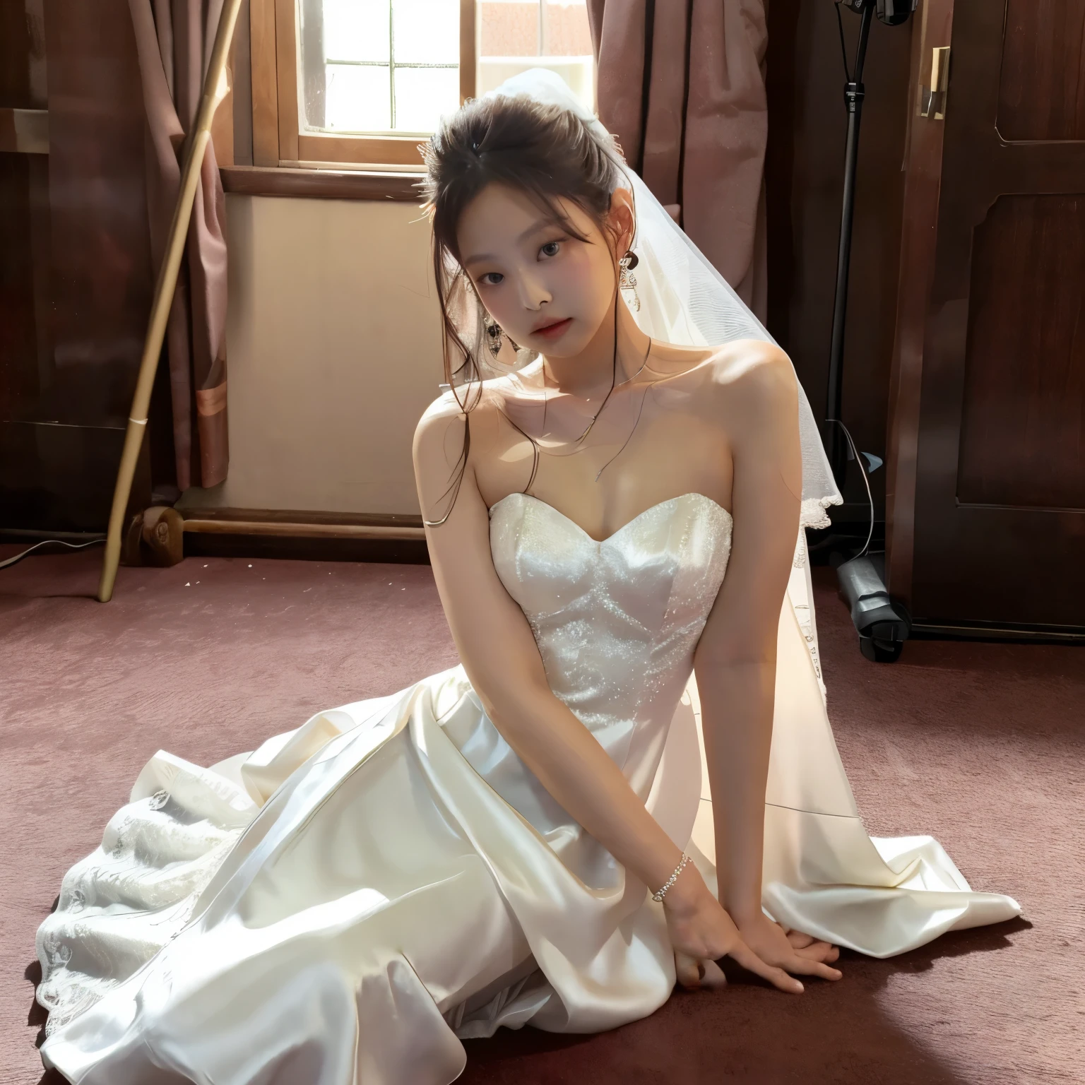 Realistic good lighting superlative Jennie wearing a wedding dress