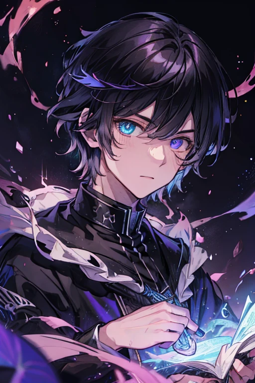 anime kind demonic human boy with long black hair with violet thunder magic, black - haired mage who was raised by dragons, heterochromia yellow and violet, portrait knights of zodiac boy, epic mage boy character, celestial mage, portrait of a male mage, arcane art style, portrait of a mage, full body clothing