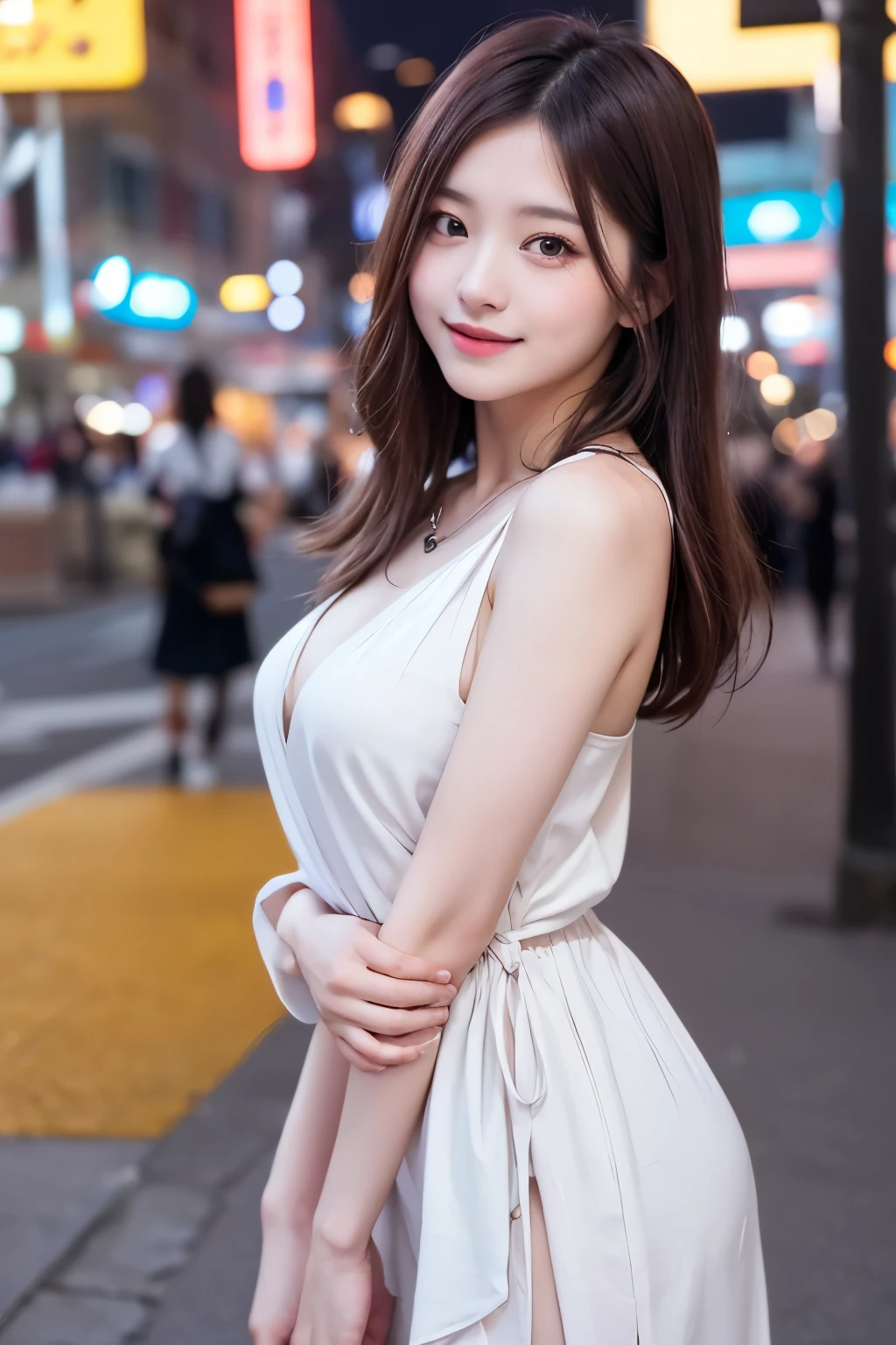 masterpiece, best image quality, high quality, beautiful girl, Japanese, Japanese high school girl, popular korean makeup,silk dresses、Night town、 detailed, eye swelling, detailed eye, fine skin, beautiful skin, Super high resolution, (reality:1.4), very very beautiful, A little young face, beautiful skin, thin, (超reality的な), (High resolution), (8K), (美しくdetailedな目), (超detailedな), (wall-), (detailedな顔), looking at the viewer, finely、detailed face、Pure erotic face ace_v1、laughter、look straight ahead、Looks straight from the waist up、reality的な写真、bright lighting、hair length、Winter City
