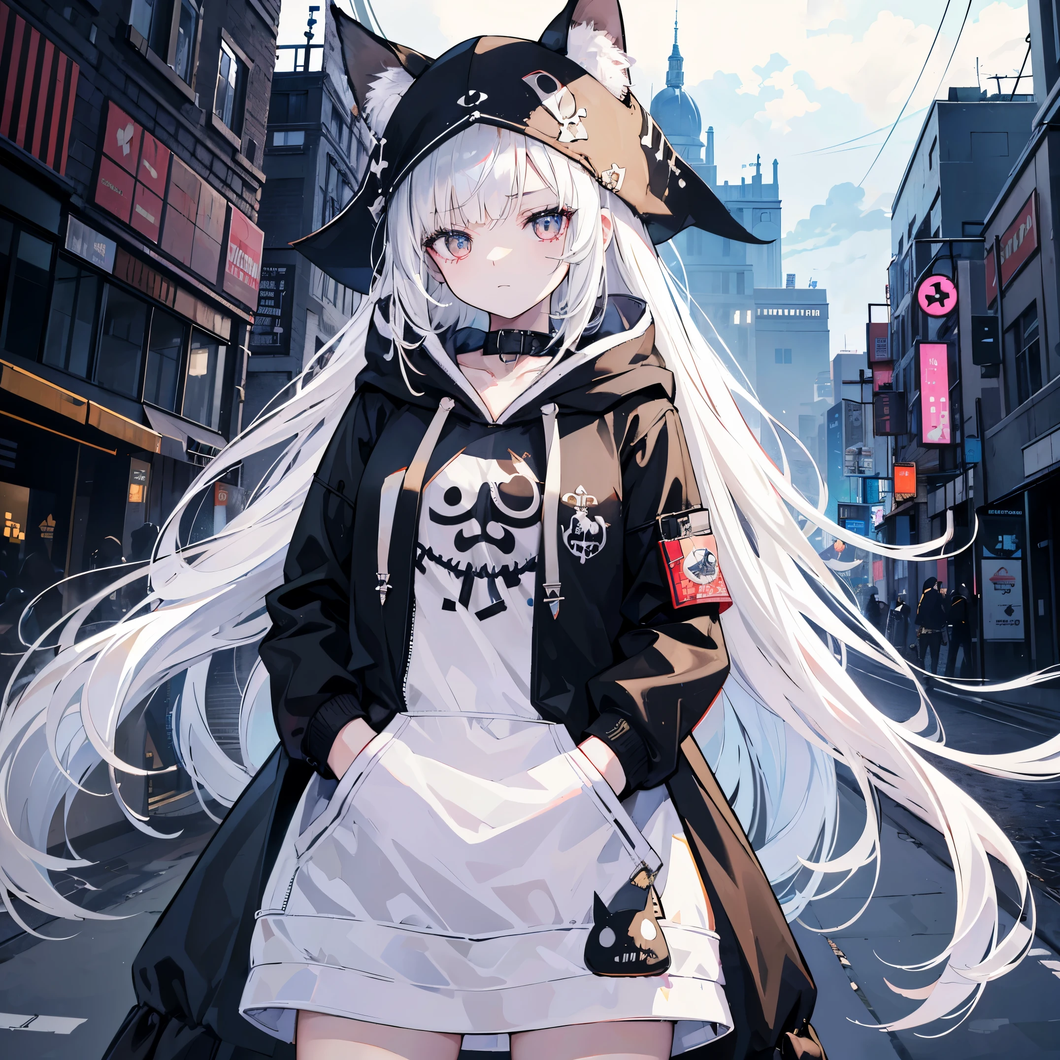 1 girl, Chest in,stitched face, patchwork skin, Closed mouth, long_hair, expressionless face,city,Street, White hair, ,stitched_face,Patchwork_skin,cowboy shot,( hoodie),(hands in pockets),Open white coat,Inside, She wears black short sleeves with a love motif..,cat's ears,pirate eye patch