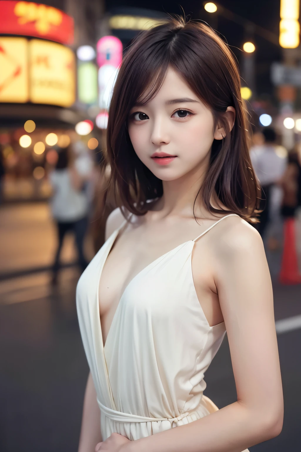 masterpiece, best image quality, high quality, beautiful girl, Japanese, Japanese high school girl, popular korean makeup,silk dresses、Night town、 detailed, eye swelling, detailed eye, fine skin, beautiful skin, Super high resolution, (reality:1.4), very very beautiful, A  young face, beautiful skin, thin, (超reality的な), (High resolution), (8K), (美しくdetailedな目), (超detailedな), (wall-), (detailedな顔), looking at the viewer, finely、detailed face、Pure erotic face ace_v1、laughter、look straight ahead、Looks straight from the waist up、reality的な写真、bright lighting、hair length、Winter City