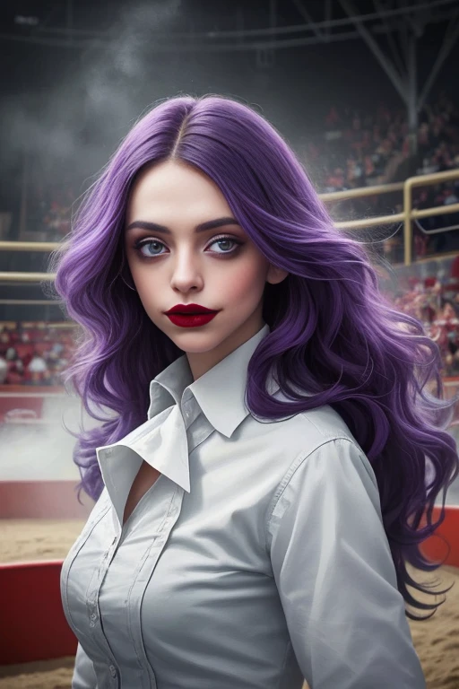 professional photo of a (dutch woman:1.1),
she is wearing clown costume and she has very long purple hair,
detailed skin, detailed eyes, detailed clown makeup,
inside dusty circus arena,
volumetric fog, volumetric dust,
photo made with Canon EOS in natural style photography,
popular on artstation, popular on deviantart, popular on flicker