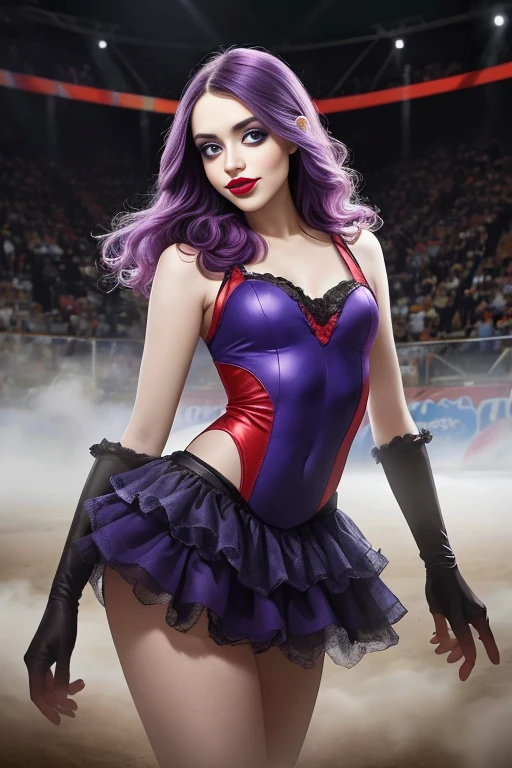 professional photo of a (dutch woman:1.1),
she is wearing clown costume and she has very long purple hair,
detailed skin, detailed eyes, detailed clown makeup,
inside dusty circus arena,
volumetric fog, volumetric dust,
photo made with Canon EOS in natural style photography,
popular on artstation, popular on deviantart, popular on flicker