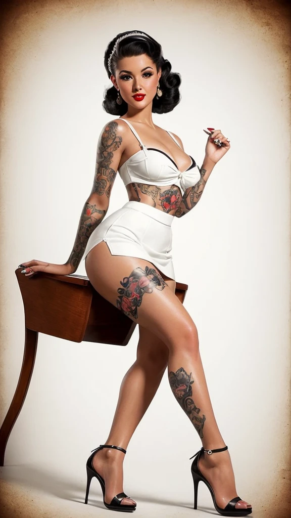 Detailed and realistic representations of a beautiful woman, radiating a distinctive pin-up style. Extremely sexy. Dressed in tops and miniskirts, white high-heeled sandals, stockings and high heels, her outfits reflect the style of vintage 60s prints. Although the classic features are present, the pin-up talent is undeniable. Artistic tattoos add a contemporary touch. Their postures and expressions, combined with their pin-up outfits, create a fusion between classic vintage and contemporary. White photo studio background, hot session.