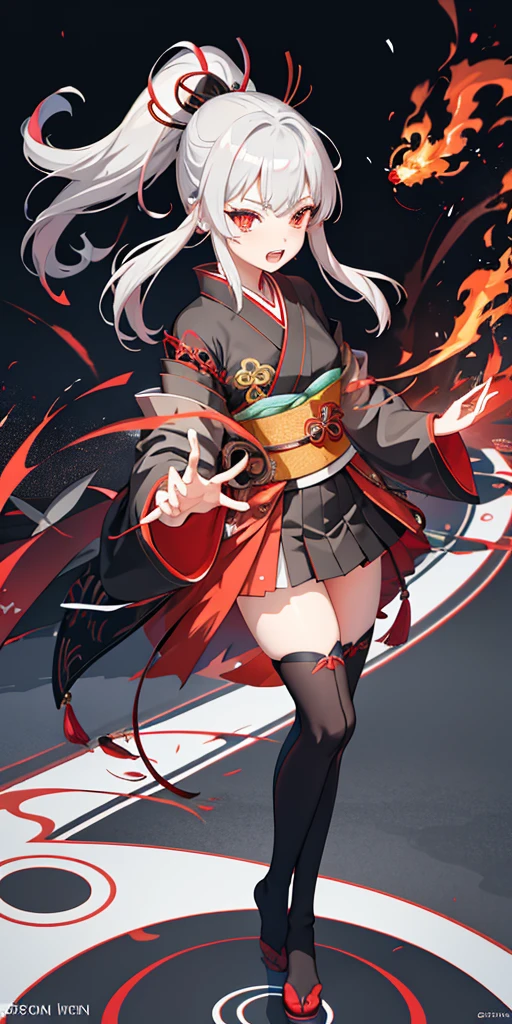 1 girl, kimono, ponytail ,gray hair, Vermilion eyes, double teeth,magic circle, red fire, Red Flame, wallpaper, landscape, Blood, Blood splatter, Depth of bounds written, night, particles of light, light, side light, thighs, destiny \(series\), genshin impact, ****, open jacket, skirt, Thighhighs, cloud