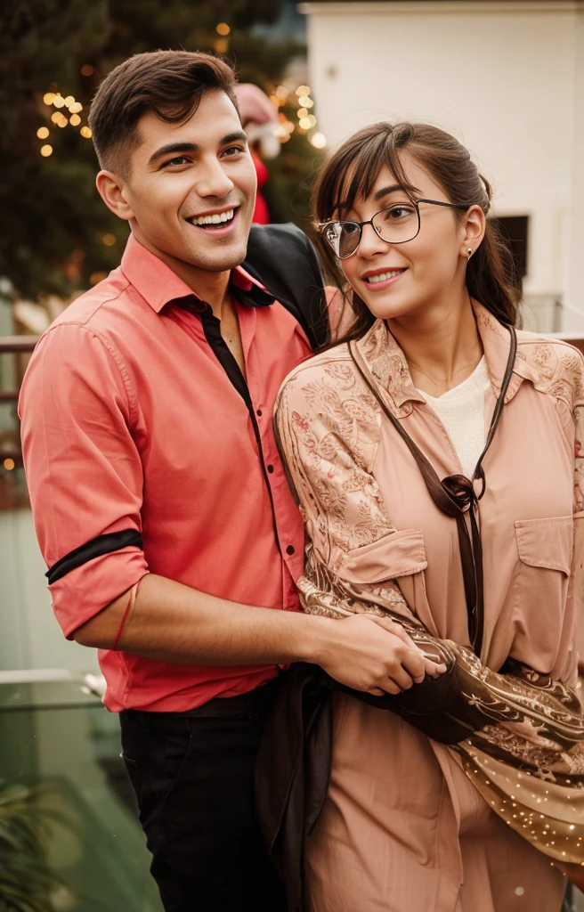 A couple hugging on the balcony during Christmas, they are in Christmas clothes 