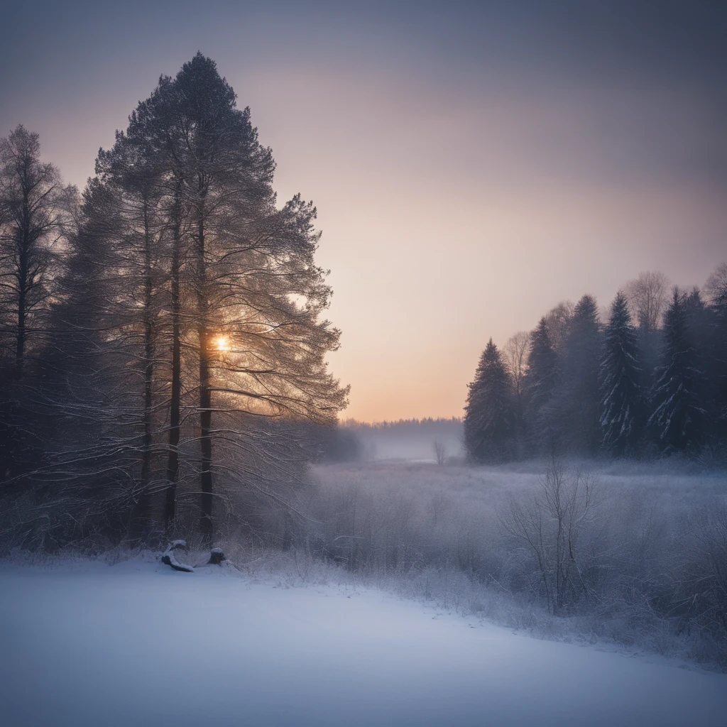 winter landscape showing a clearing in the forest at dawn