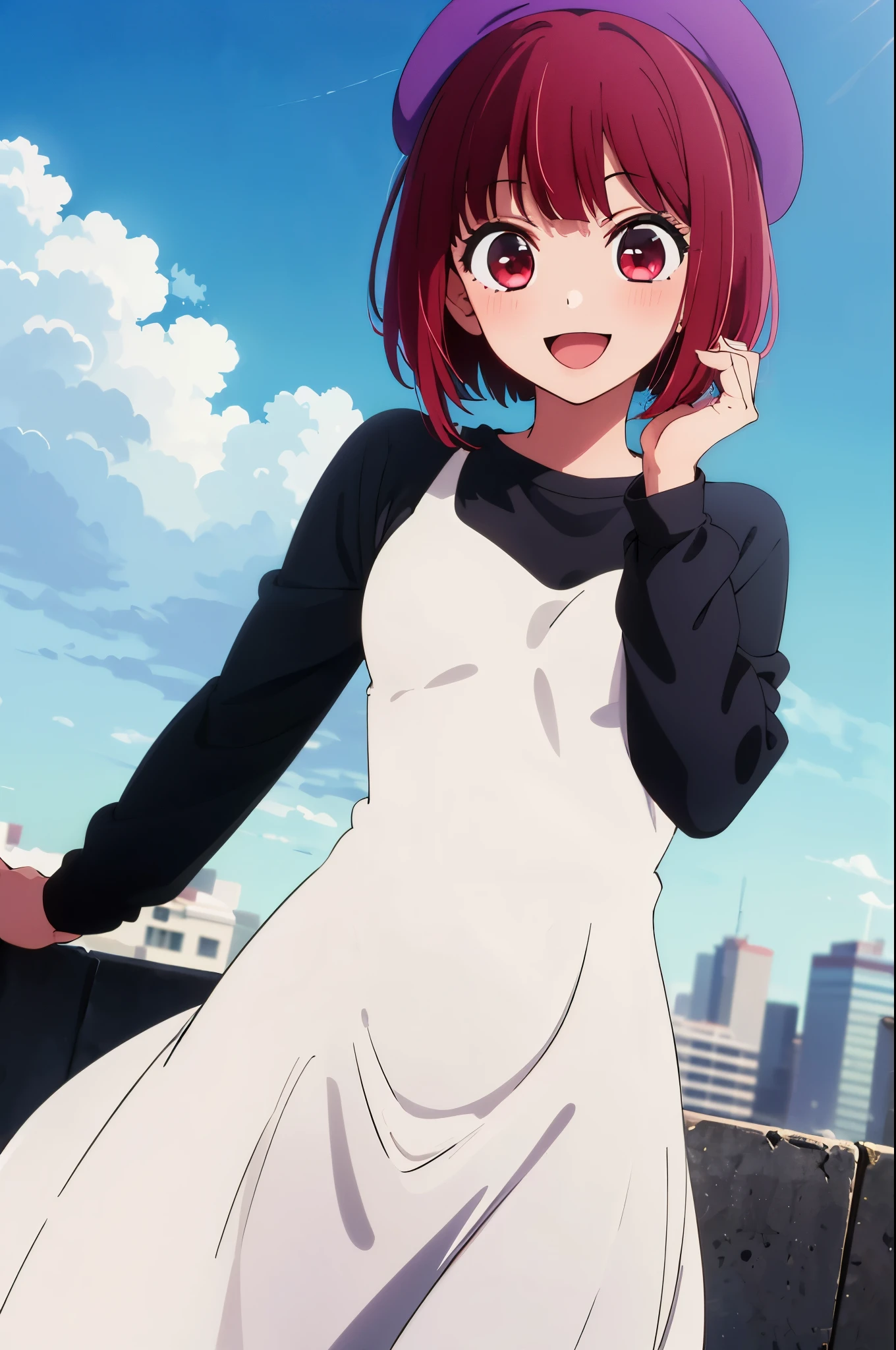 masterpiece, highest quality, ultra high resolution, highest quality, anime style, best writing, beautiful face, masterpiece, very detailed, (1 girl:1.2), redhead, (Black long sleeve T-shirt:1.3), (white dress:1.3), Carefree smile, morning, urban background, 8K, short hair, Purple beret, (anime style), face focus, best smile, blue sky